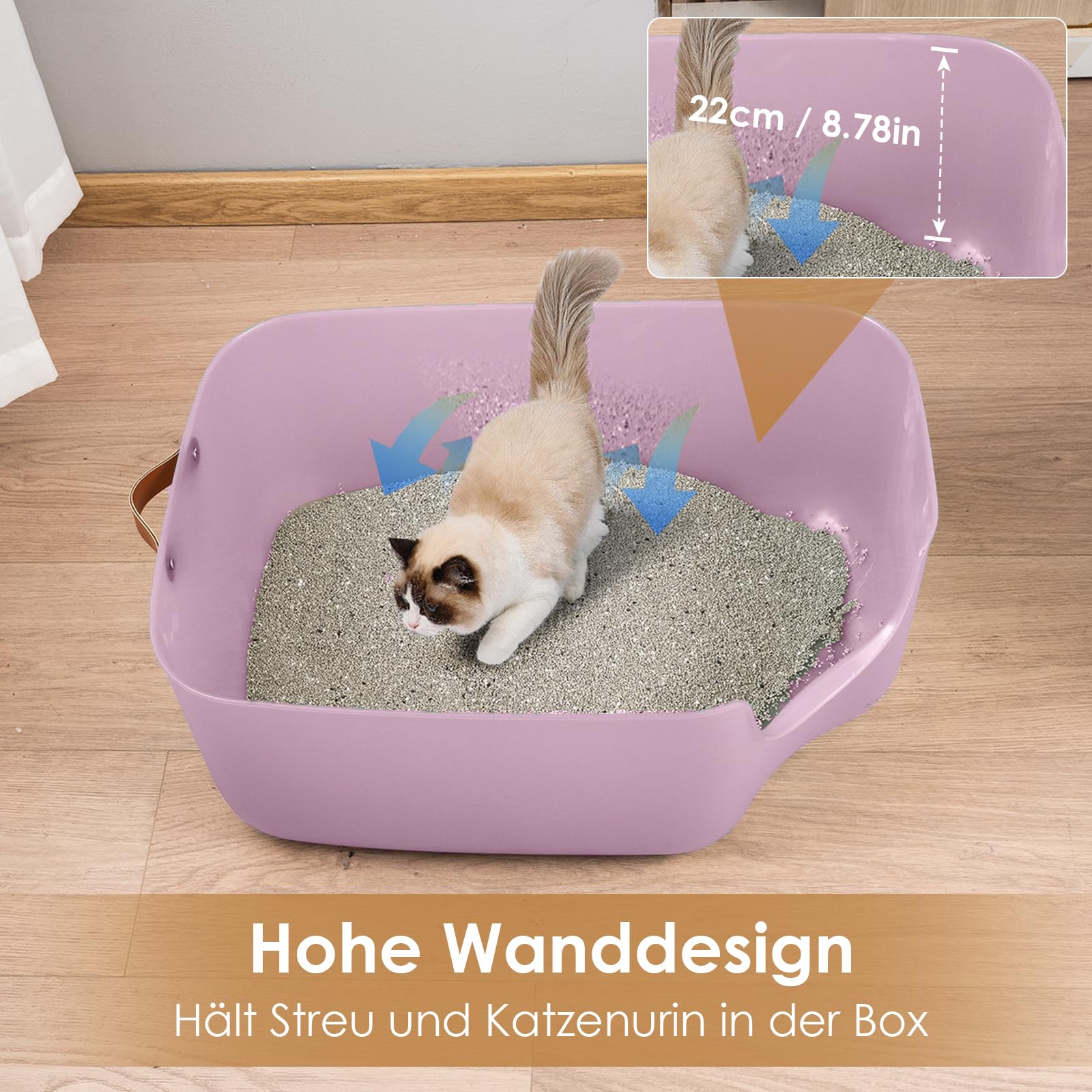 Katzentoilette, 56L x 42B x 22H cm Katzenklo mit Hohem Rand, Für Kleine und Mittelgroße Katzen, Katzentoilette mit Leder-Seitengriff & Streuschaufel, Transparentes Lila
