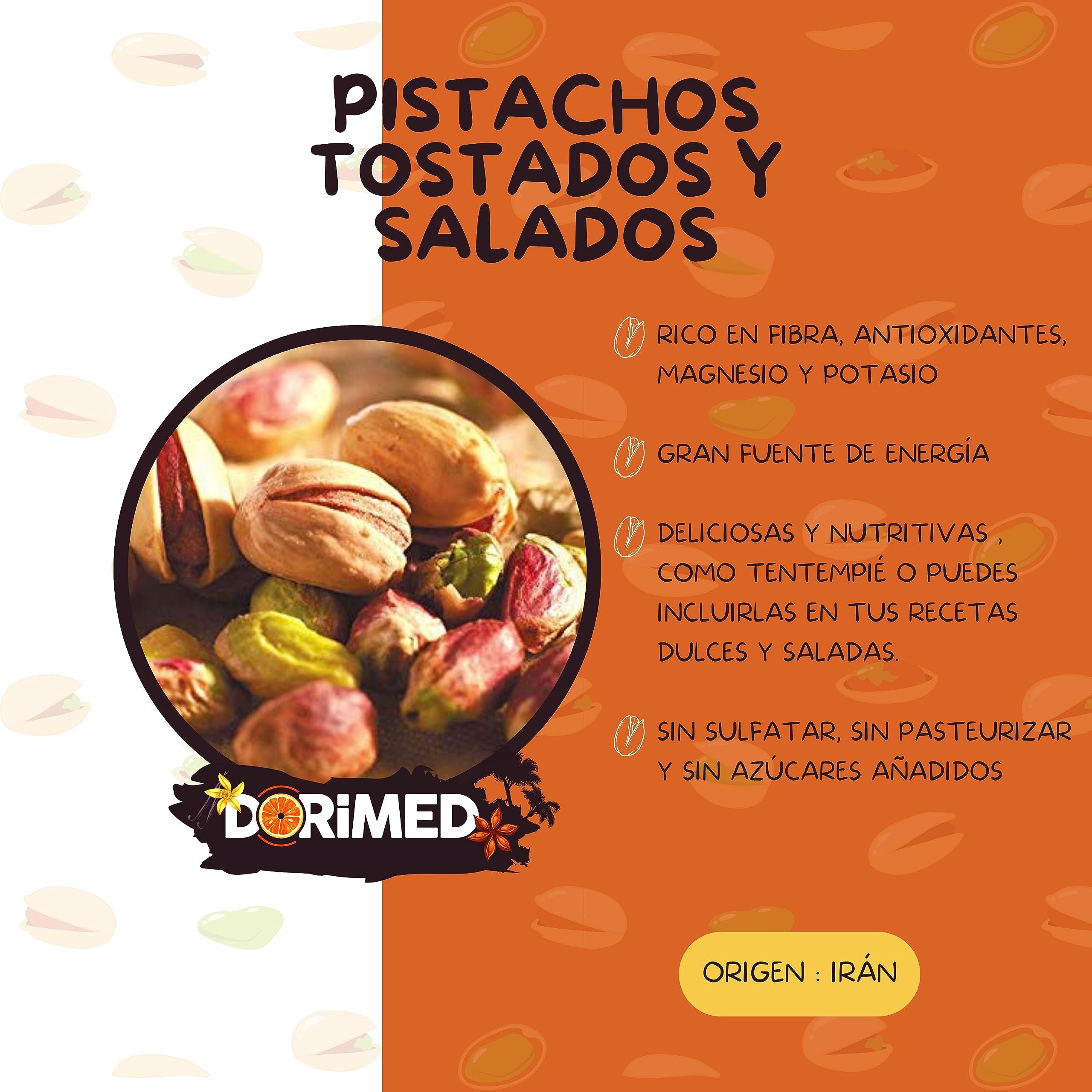 Pistachos Secos y Enteros | 1 Kg de Nueces de Pistacho con Cáscara | Frutos Secos Asados y Salados | Libre de Transgénicos (GMO free) | Veganos y Vegetarianos | No Tostados | Dorimed