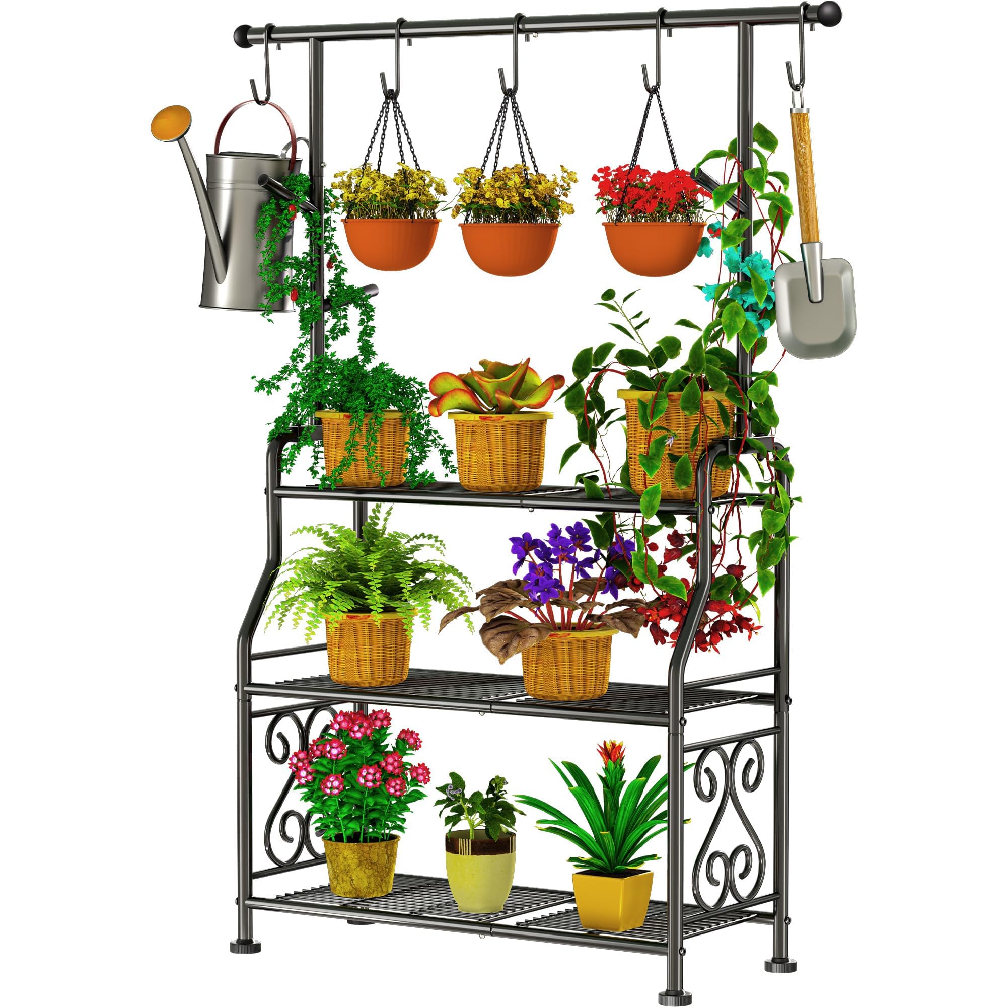 Plant Stand Indoor, 3-Tier Heavy Duty Metal Shelf for Patio & Indoor, Tall Plant Holds 14+ Plants with 5 Hooks, Rust-Proof Plant Holder for Garden, Balcony, Living Room, Black