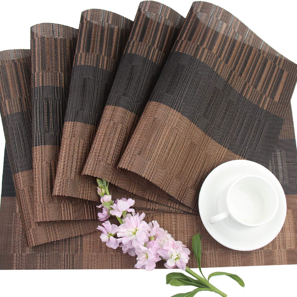 Feinerman 6 Pcs Washable PVC Woven Table Mats for Dining & Kitchen Tables, Heat-Resistant Stain-Resistant Anti-Skid Placemats, Non-Slip Vinyl Dinner Mats for Home & Restaurant (Brown & Black) 4