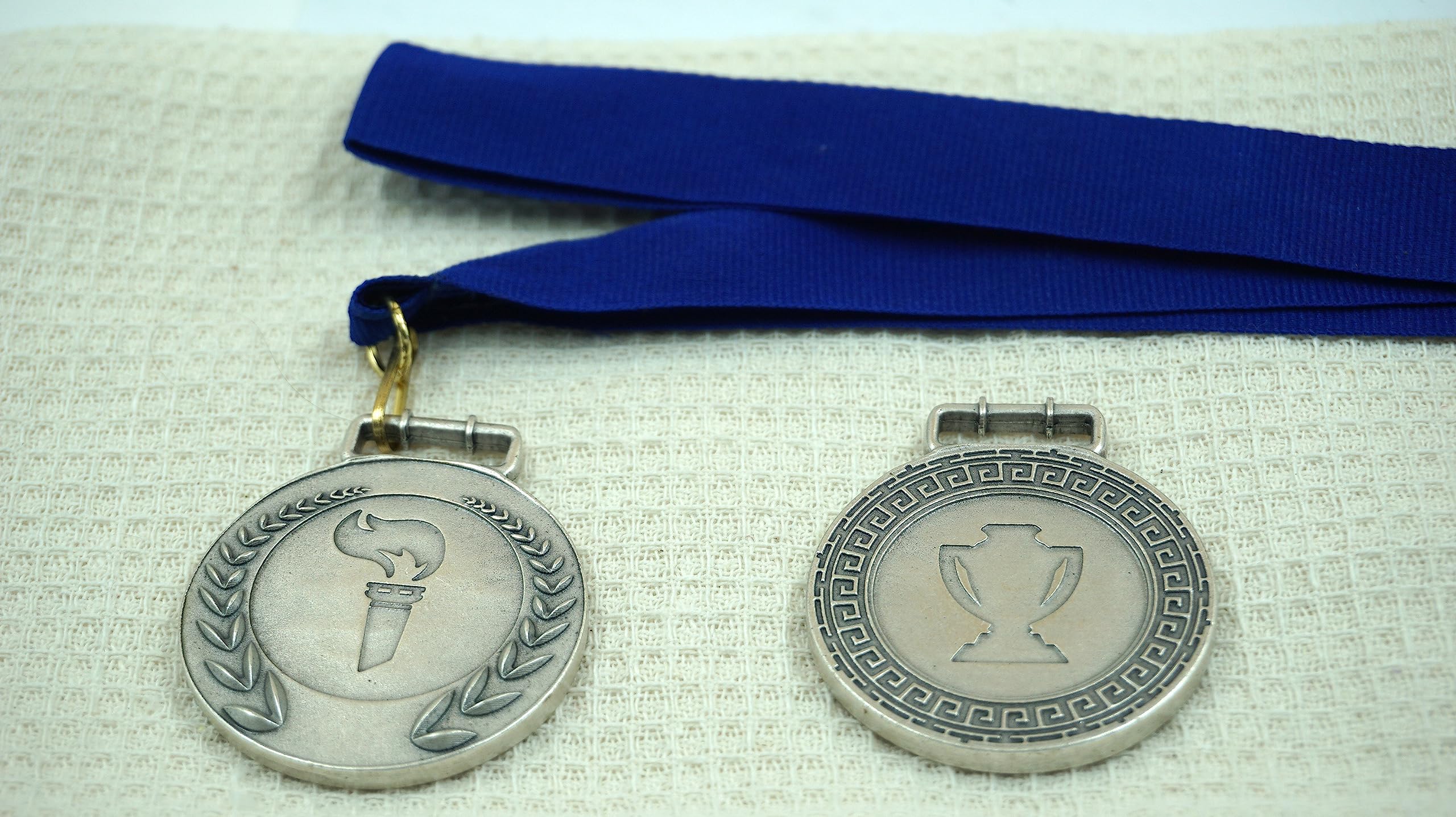 Torch symbol medal for sports awards with blue ribbon. SILVER plated metal. Diameter 1,88 in. Handmade Italian Craftsmanship - Image 2