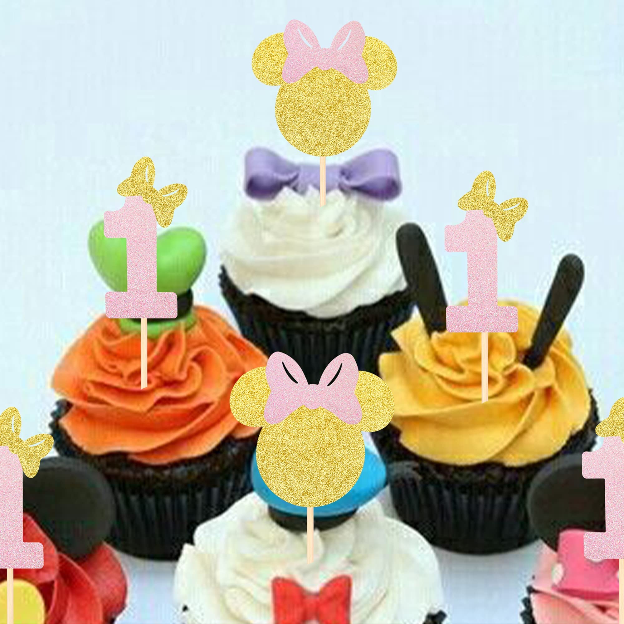 Minnie Maus Cupcake-Topper – 24 Stück, Schwarz/Rot, Für 2. Geburtstag, Babyparty & Mottoparty
