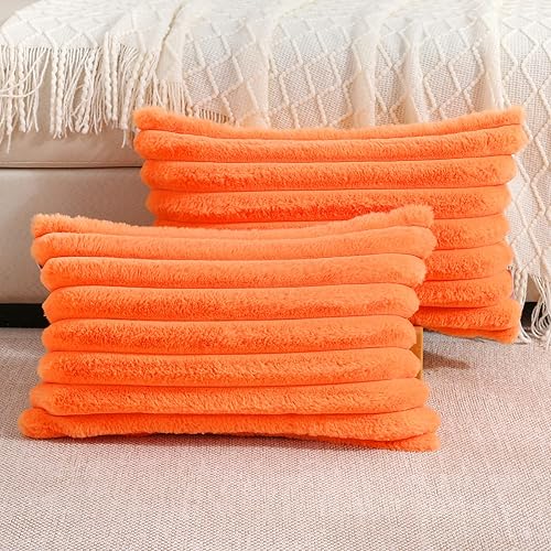 FUTEI - Juego de 2 fundas de almohada decorativas con rayas de color naranja, 12 x 20 pulgadas, rectangulares y primaverales, piel sintética de
