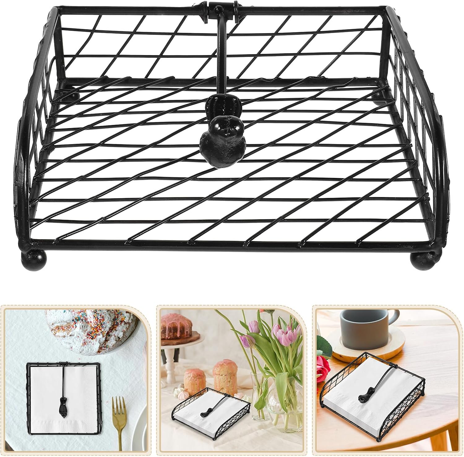 Cabilock Iron Desktop Napkin Holder with Arm Design, 18.5x18.5x5cm, Portable Paper Napkin Dispenser for Kitchen Table and Dining Room Farmhouse Decor