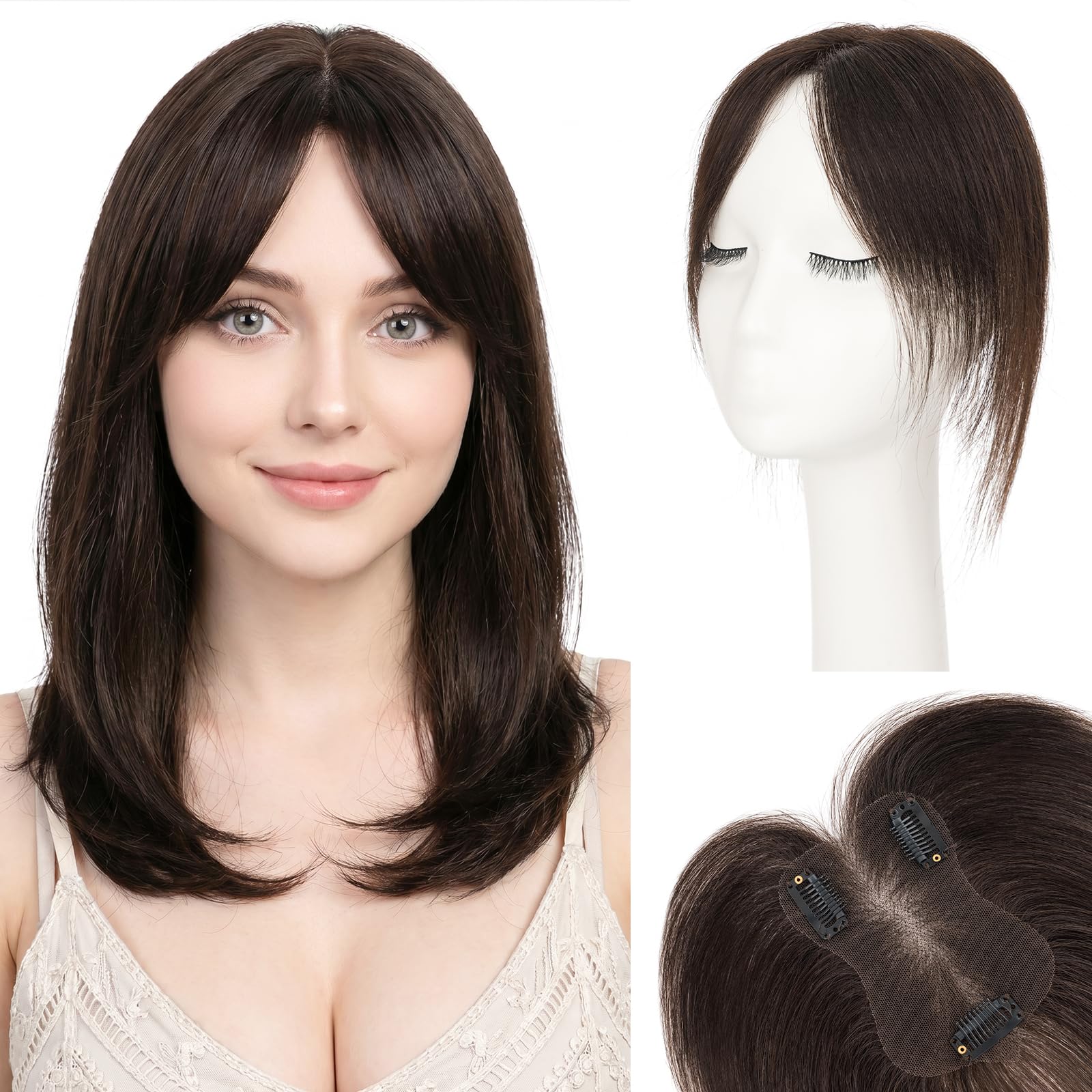 Photo 1 of SEGOHAIR Human Hair Topper with Curtain Bangs 3.15"x4.33" Hand Tied Breathable Lace Base, Adjustable Parting Clip in Topper Hair Pieces for Women with Thinning Hair (11 Inches #02 Dark Brown)
