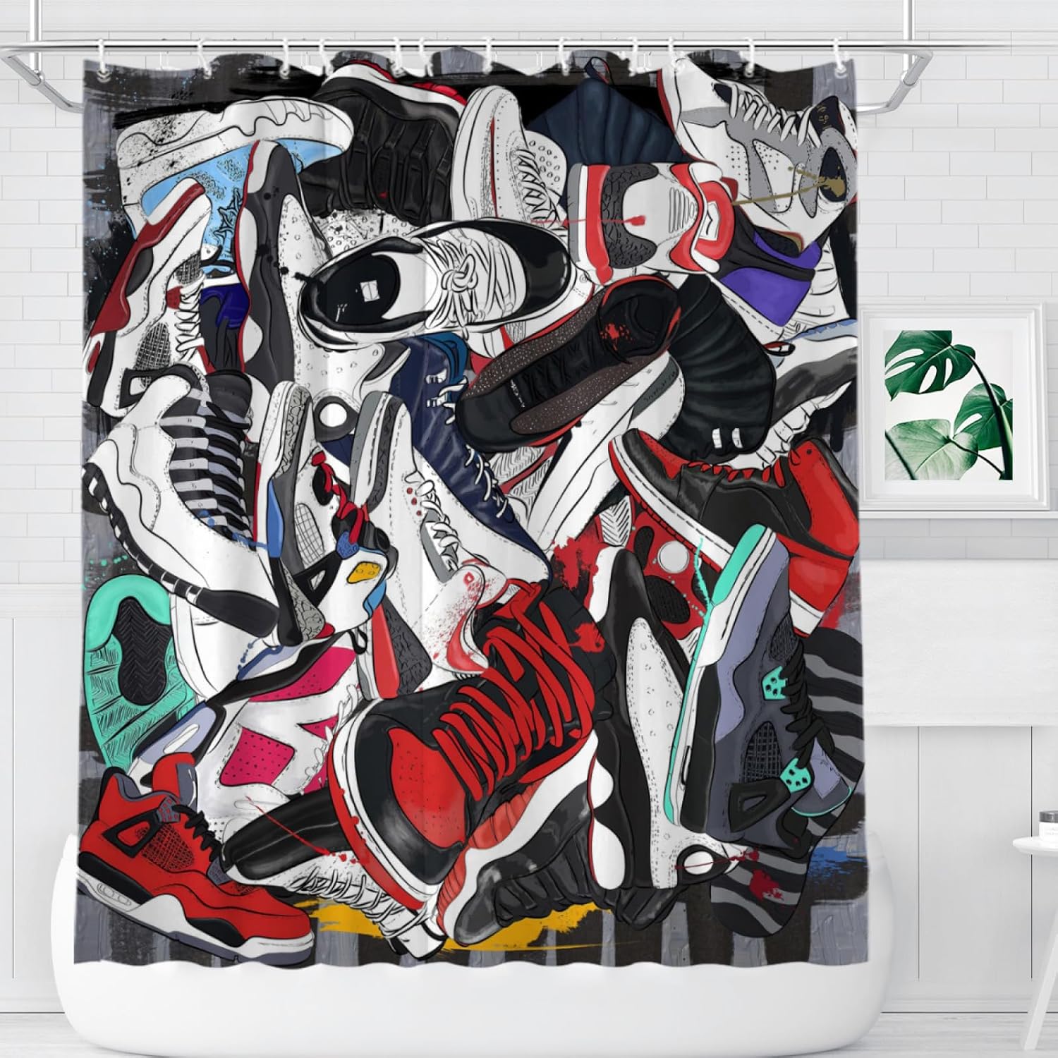 Sneaker Curtain 72Wx72L Inch Retro-Basketball Shoe Shower Curtain for Bathroom Bedroom Decorative Sports Sneaker Head Bath Bathtub Curtains Graffiti-Curtains Funny Art Polyester 12 Hooks