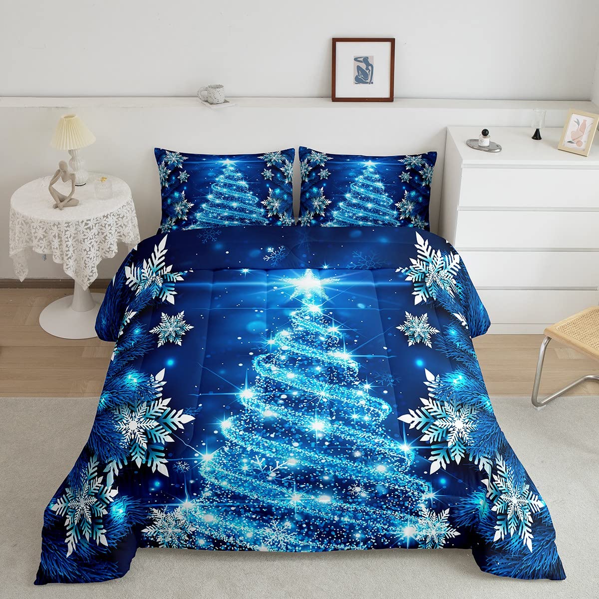 Loussiesd Girls Christmas Tree Duvet Set Blue Xmas Theme Comforter Single Chic Winter Snowflake Bedding Set for Girls Daughter Bedroom Decor Soft Girly Glitter Quilted Duvet Winter Warm Bedding
