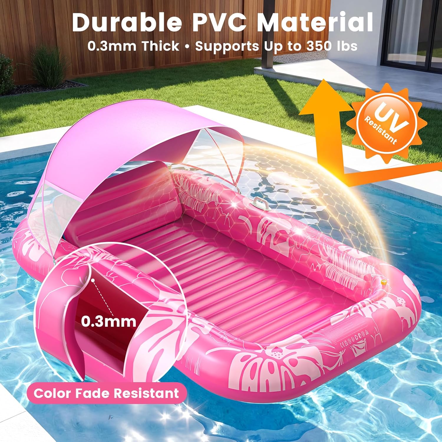 Inflatable Tanning Pool Lounger Float with Sprinkler & Canopy UPF50+, 77" x 48" Extra Large Tanning Pool Float for Adults, Sunbathing Water Lounge Bed with Pillow & Cup Holder for Backyard & Pool