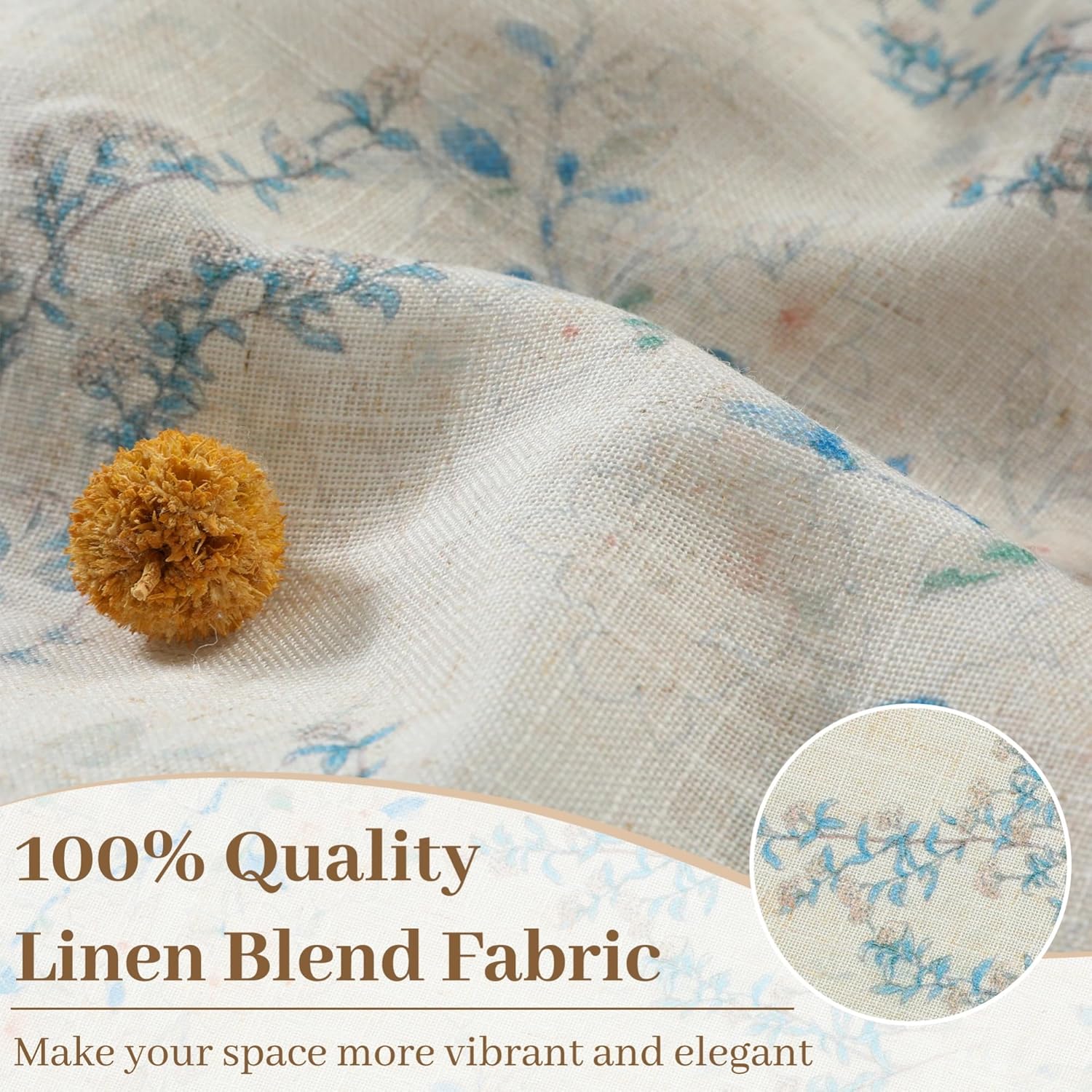 Blue Floral Linen Curtains Semi Sheer Farmhouse Window Drapes Living Room Bedroom Back Tab Rod Pocket Curtains 52" W x 96" L, 2 Panels