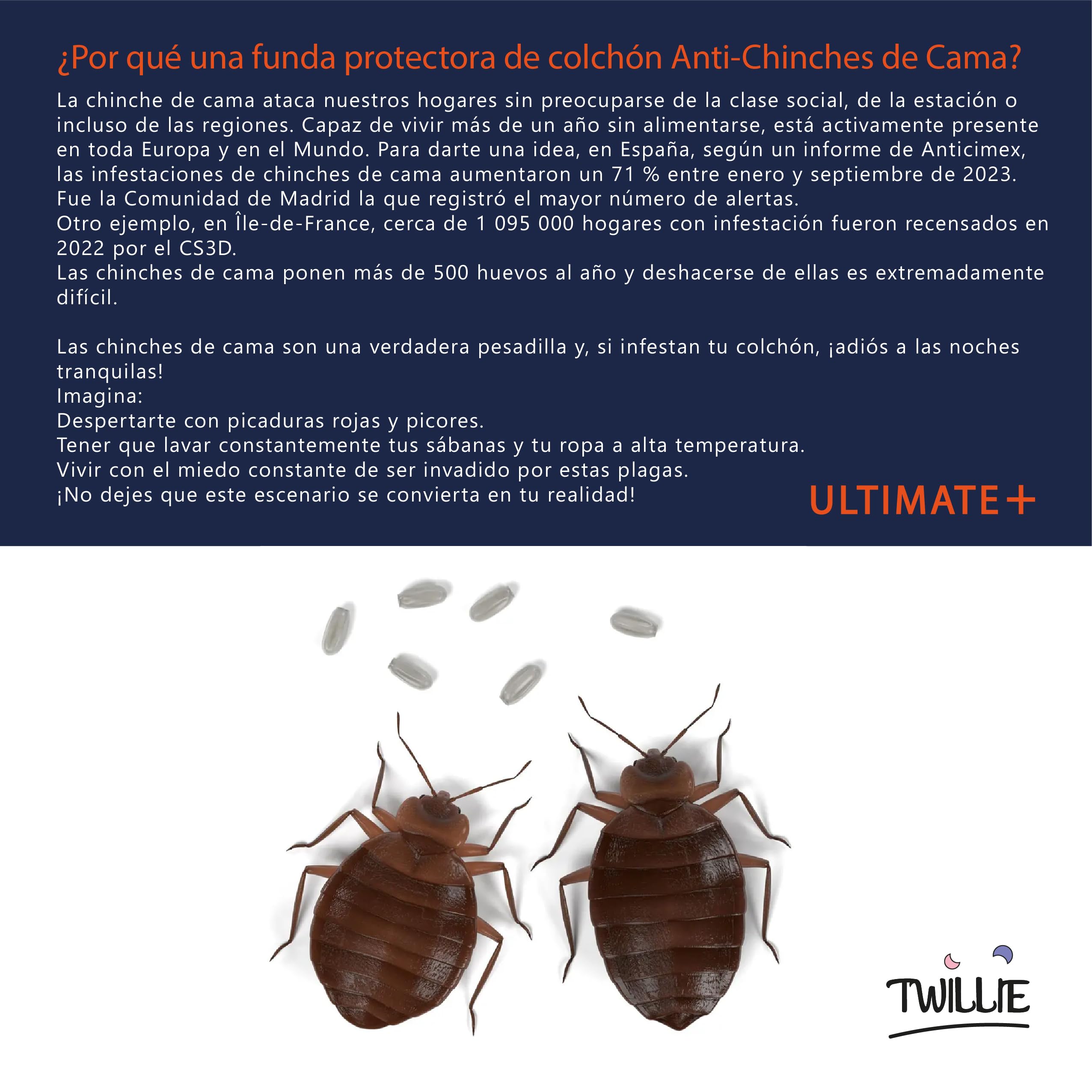 Twillie – Funda de colchón integral 150x190x25 cm Impermeable – Anti-chinches – Oeko-TEX® Protector de colchón completo con cremallera - Tratamiento AEGIS® Anti-ácaros, antibacteriano – Fabr. en la UE