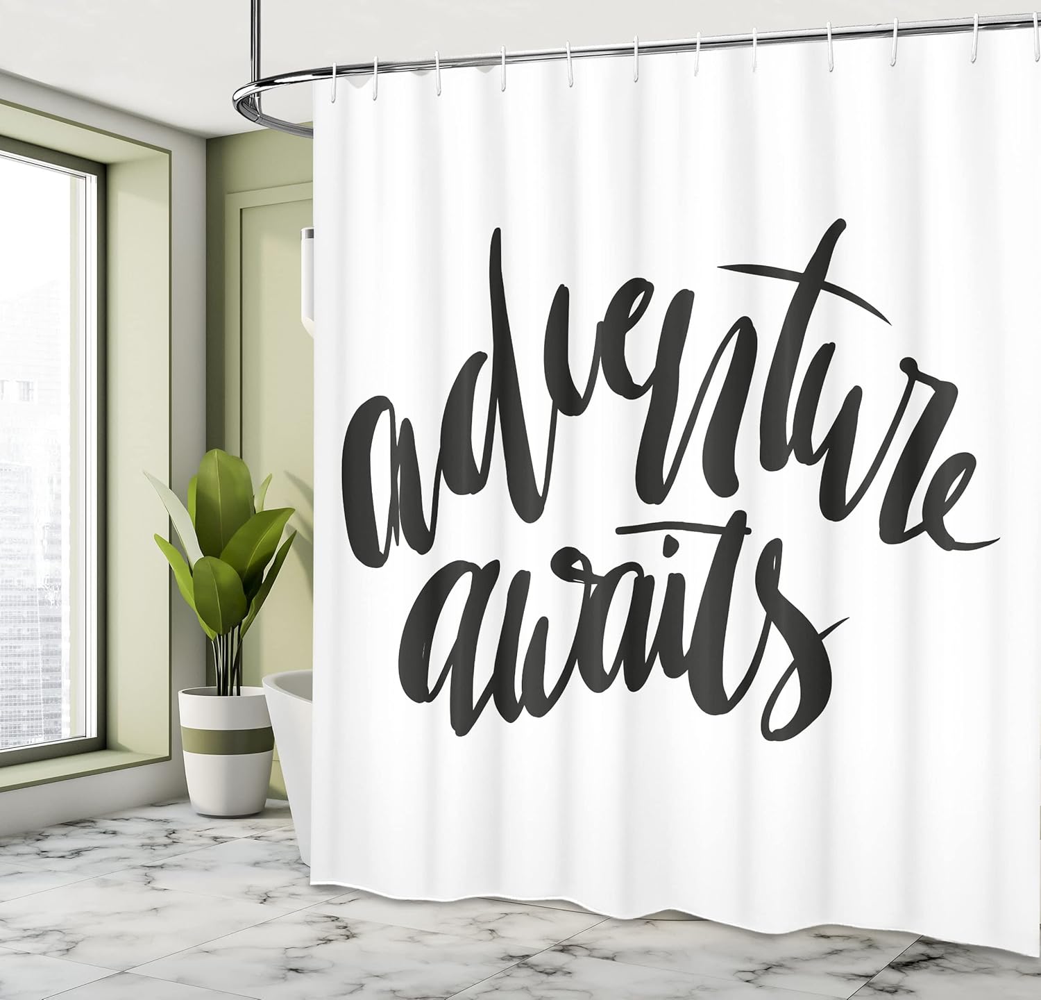 Ambesonne Saying Shower Curtain, Monochromatic Graphic of Cursive Hand Written Text on Plain Background, Cloth Fabric Bathroom Decor Set with Hooks, 69" W x 75" L, Charcoal Grey and White