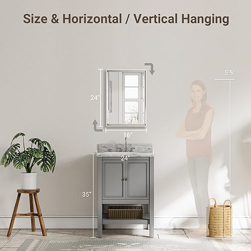 Miniatura 2 de Espejo de baño plateado, espejo de baño biselado de 16 x 24 pulgadas para pared, espejo rectangular con marco plateado inoxidable para tocador de