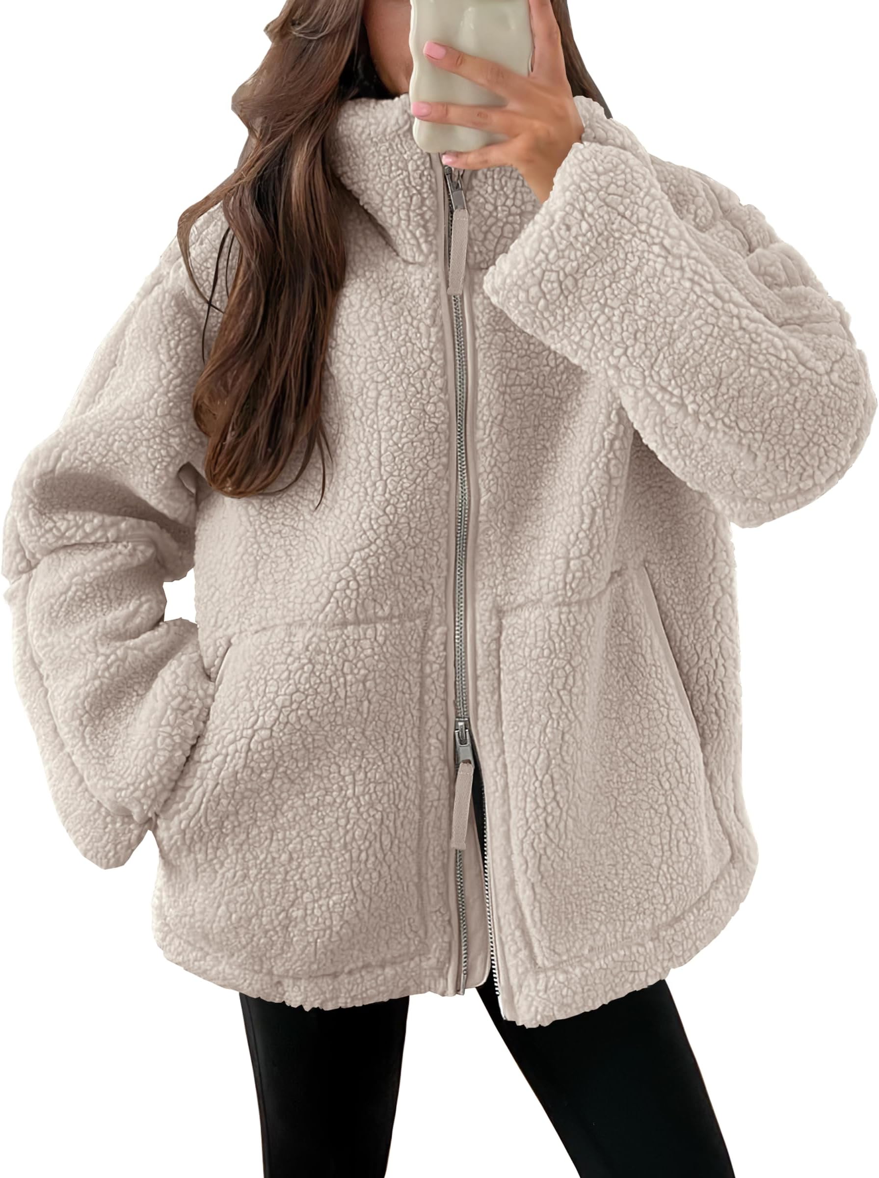 ANRABESS Womens Fleece Jacket Oversized Zip Up Sherpa Fuzzy Casual Coats Winter Fall Outerwear 2025 Clothes with Pockets