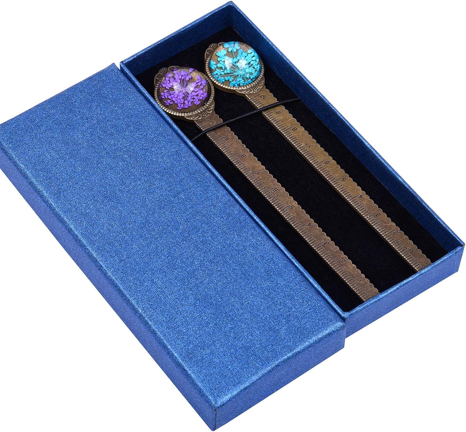 Wisdompro 2 Pcs Metal Bookmark Ruler, Vintage Bronze Bookmarks with Dried Flower, Packaged in a Gift Box