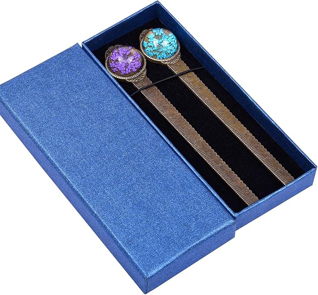 Wisdompro 2 Pcs Metal Bookmark Ruler, Retro Vintage Bronze Bookmark with Dried Flower, Packed in a Gift Box - an Ideal Gift for Kids, Students, Teacher, Book Club - Blue & Purple