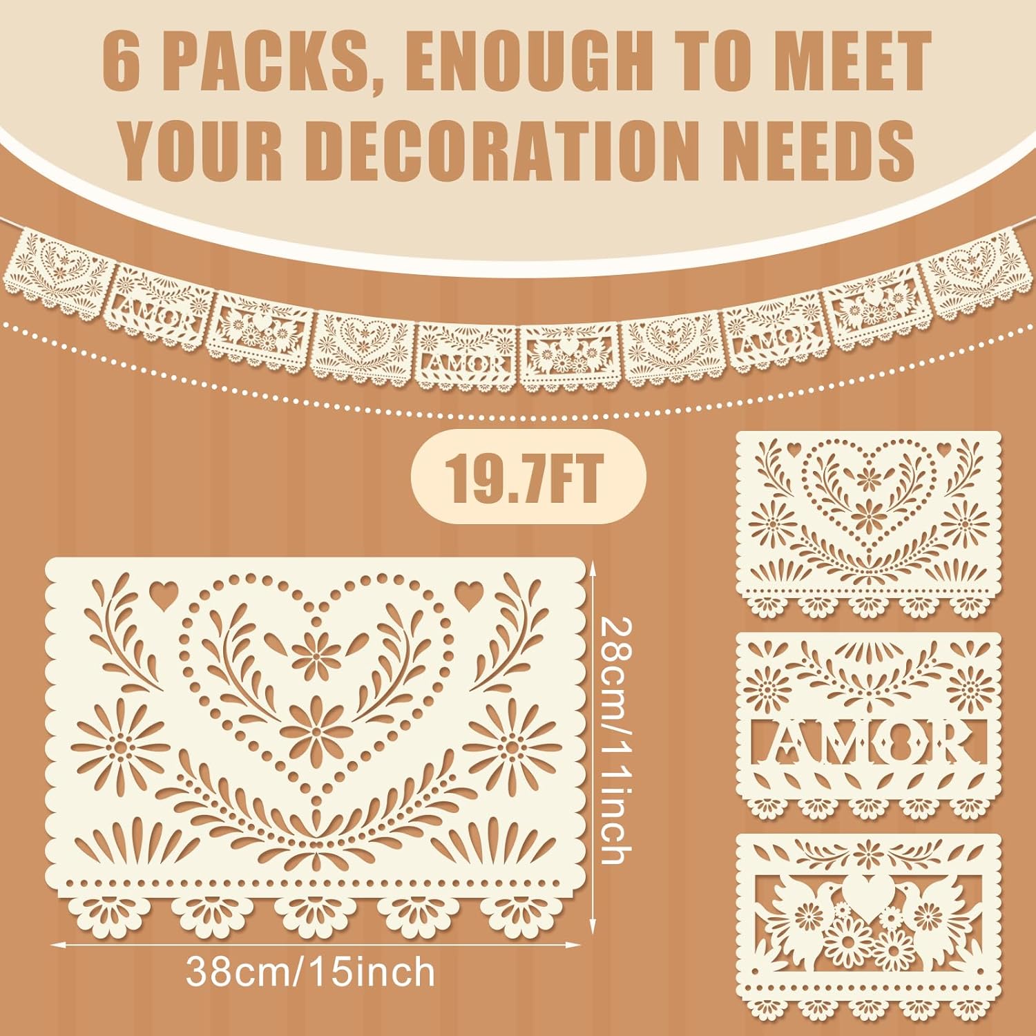 TaoBary 6 Pack Cream Mexican Papel Picado 118 Feet Mexican Wedding Party Banner Cielito Lindo Party Decoration Dia De Los Muertos Decor Fiesta Banner for Mexico Wedding Supplies (Amor)