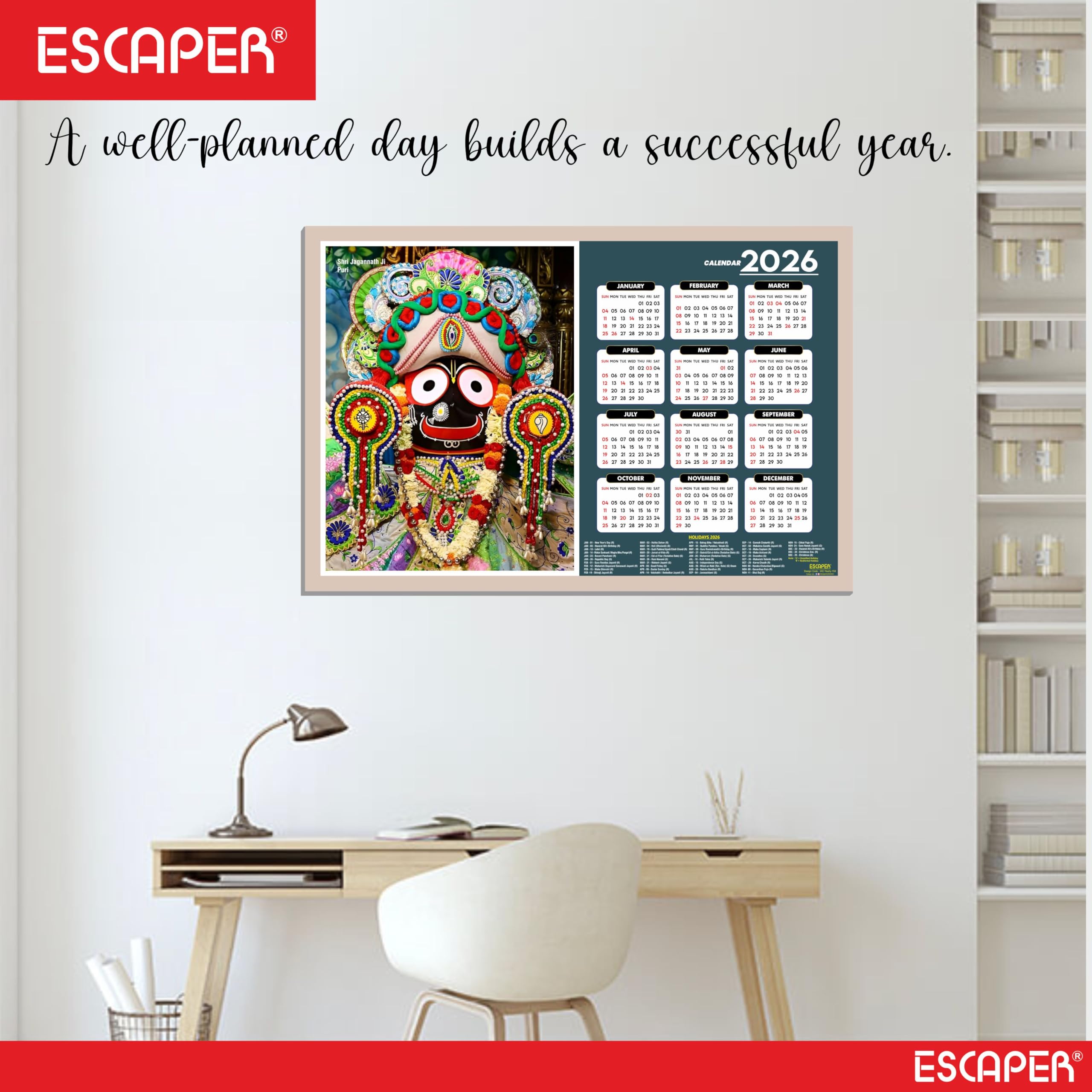 ESCAPER Jagannath Ji Wandkalender 2026 - 45 x 30 cm, Jagannath Tempel & Fotos, Hindu-Gott Religiöser Wandkalender für Zuhause, Büro & Pooja Zimmer