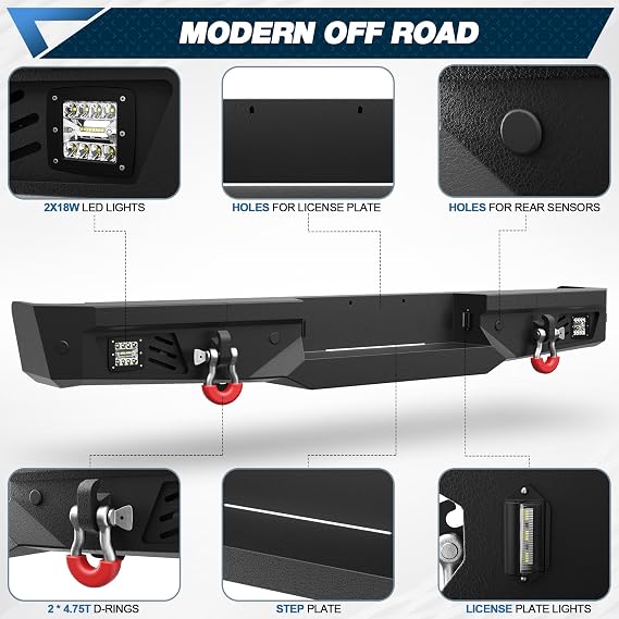 09-14 F150 Rear Bumper Full Width Offroad Bumper w/Step Plate | 2x18w Lights, D-rings, License Plate Lights for 2009-2014 Ford F150 Pickup Trucks (Excluding Raptor)