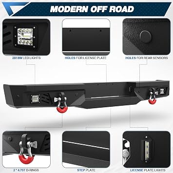09-14 F150 Rear Bumper Full Width Offroad Bumper w/Step Plate | 2x18w Lights, D-rings, License Plate Lights for 2009-2014 Ford F150 Pickup Trucks (Excluding Raptor)