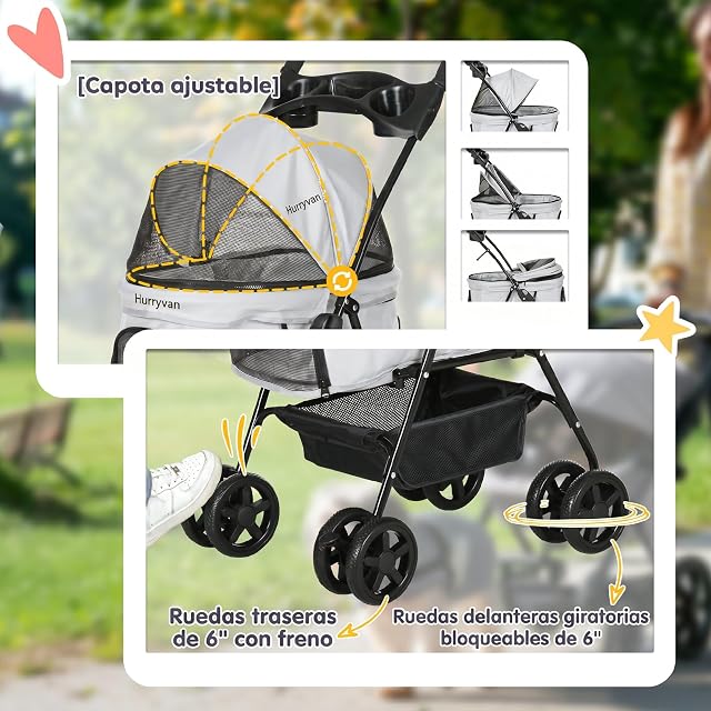 Foto 6 de 8 de PawHut Cochecito para Perros Plegable Portavasos 67x45x96 cm Gris Claro