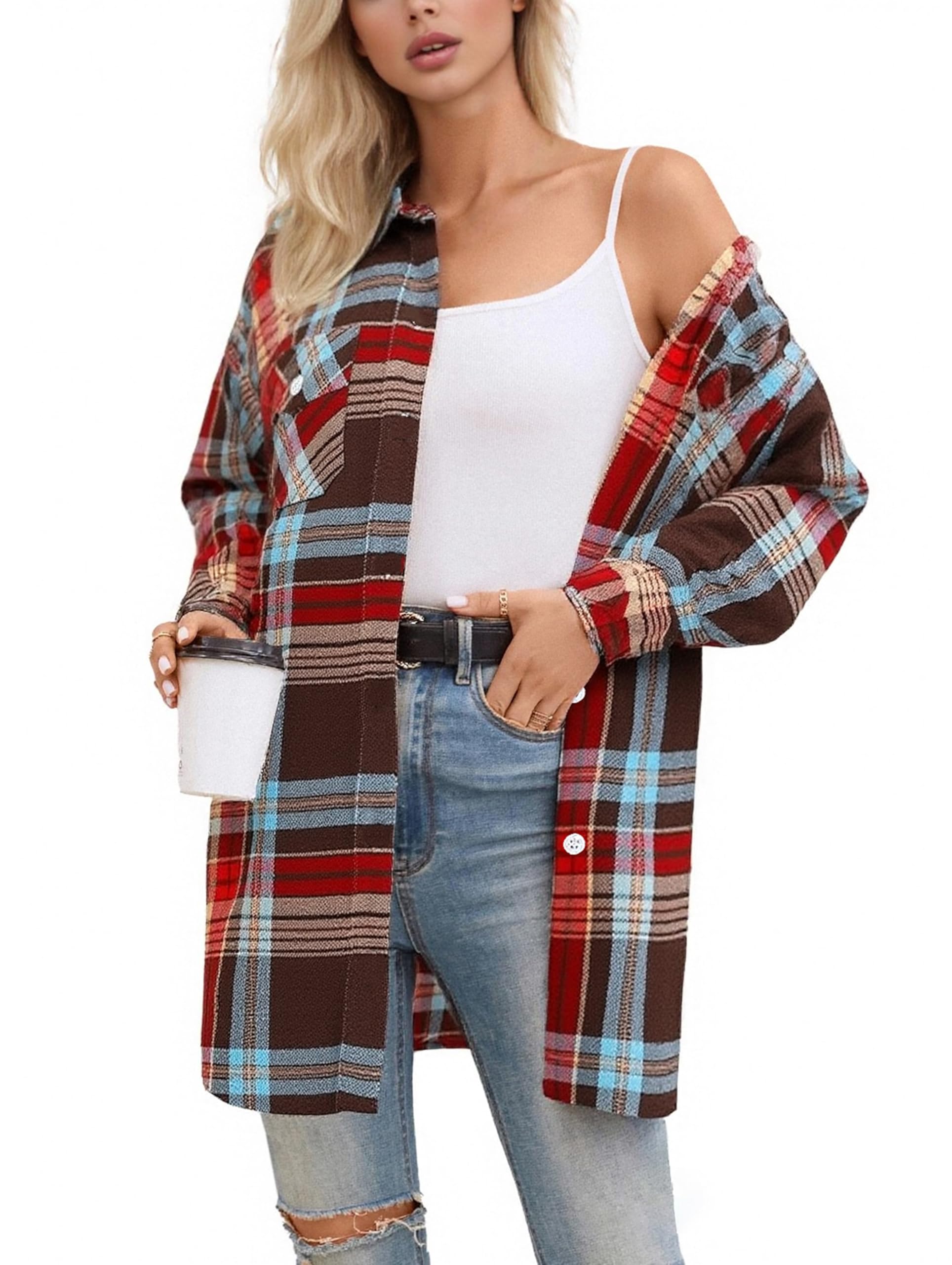 SANGTREE Women and Girls Oversized Flannel Plaid Shirt Mid-Length Casual Button Down Shirt with Pockets