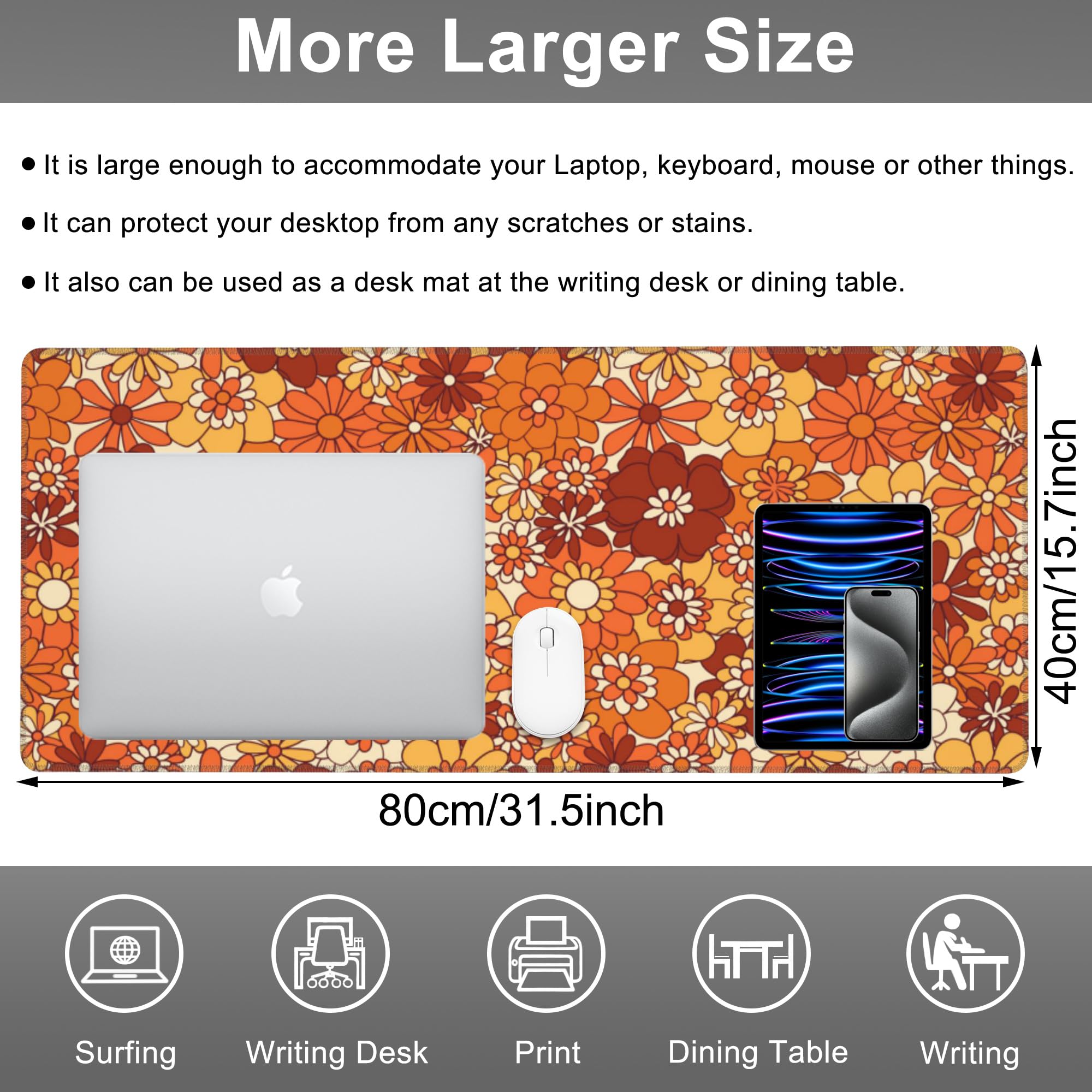 Mouse Pad, Large Retro Boho Hippie Flower Desk Mat, Extended Non-Slip Gaming Keyboard Mousepad Desk Pad, Thick Stitched Edges Waterproof Mouse Mat 31.5