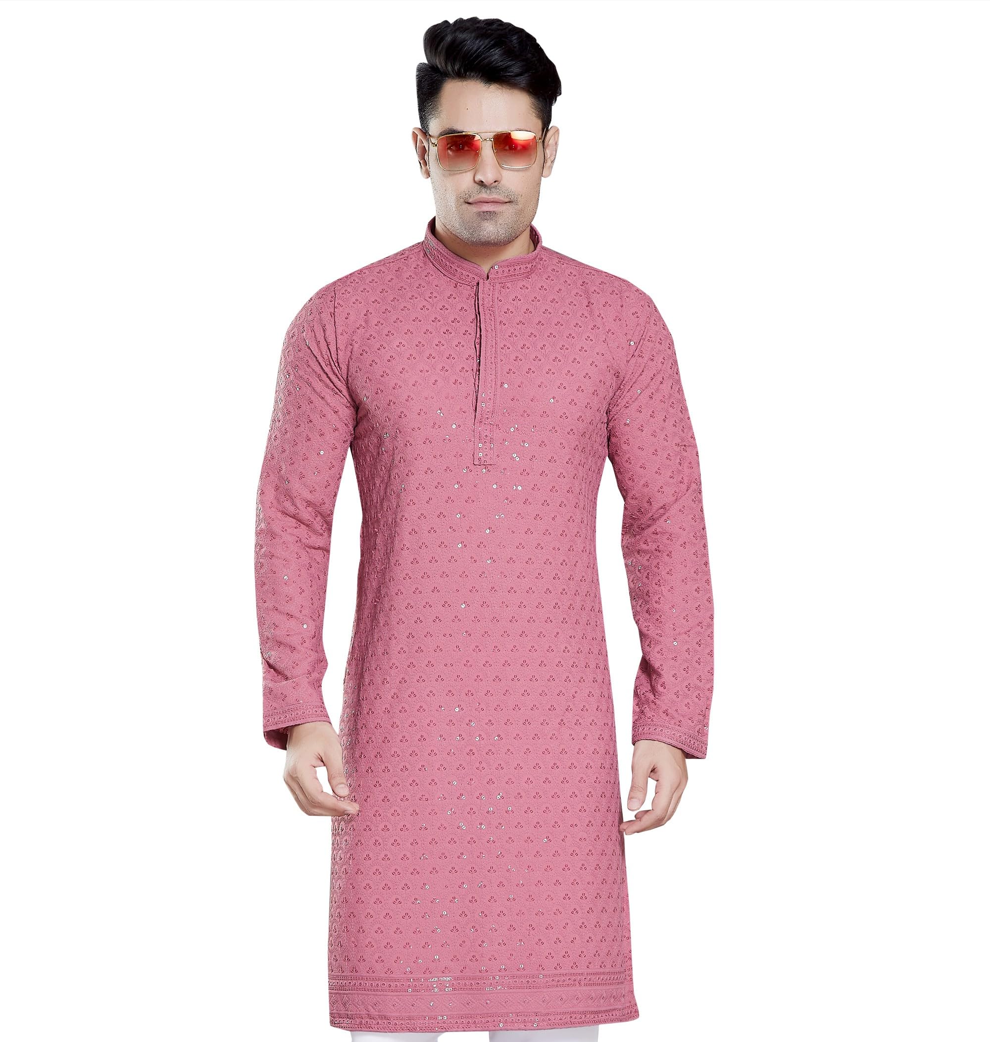 Divisive Men's Sequince Embroidered Cotton Blend Only Slim Fit Kurta (Dkrt103_M_Pink)