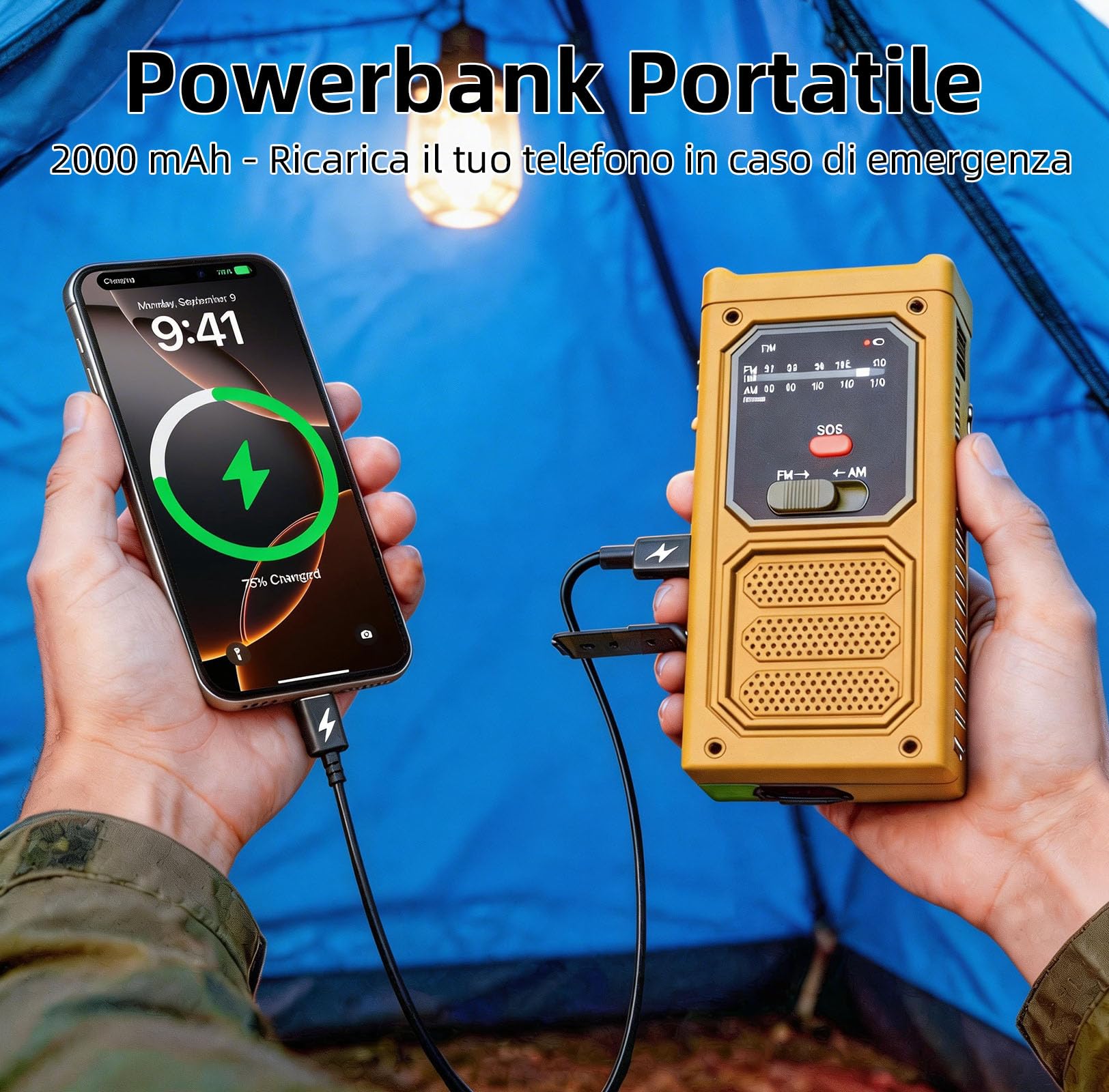 Radio Solaire d’Urgence, Radio à Manivelle avec Lampe Torche LED, Alarme SOS, Recharge par USB/Solaire/Manivelle, Radio AM/FM avec Batterie de 2000mAh pour Camping Randonnée Survie, Orange