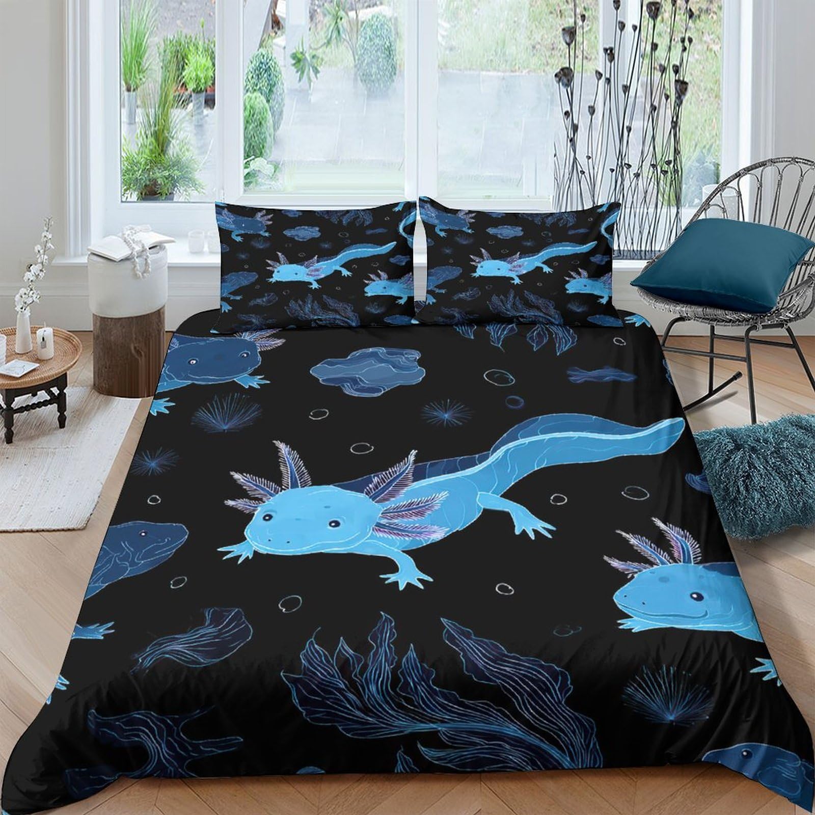 GPLZQXKJNH 3D Printed Blue Axolotl Duvet Cover Microfiber Soft Breathable Underwater Creature Bedding Set with 2 Pillowcases for Bedroom Decor Single（135x200cm）
