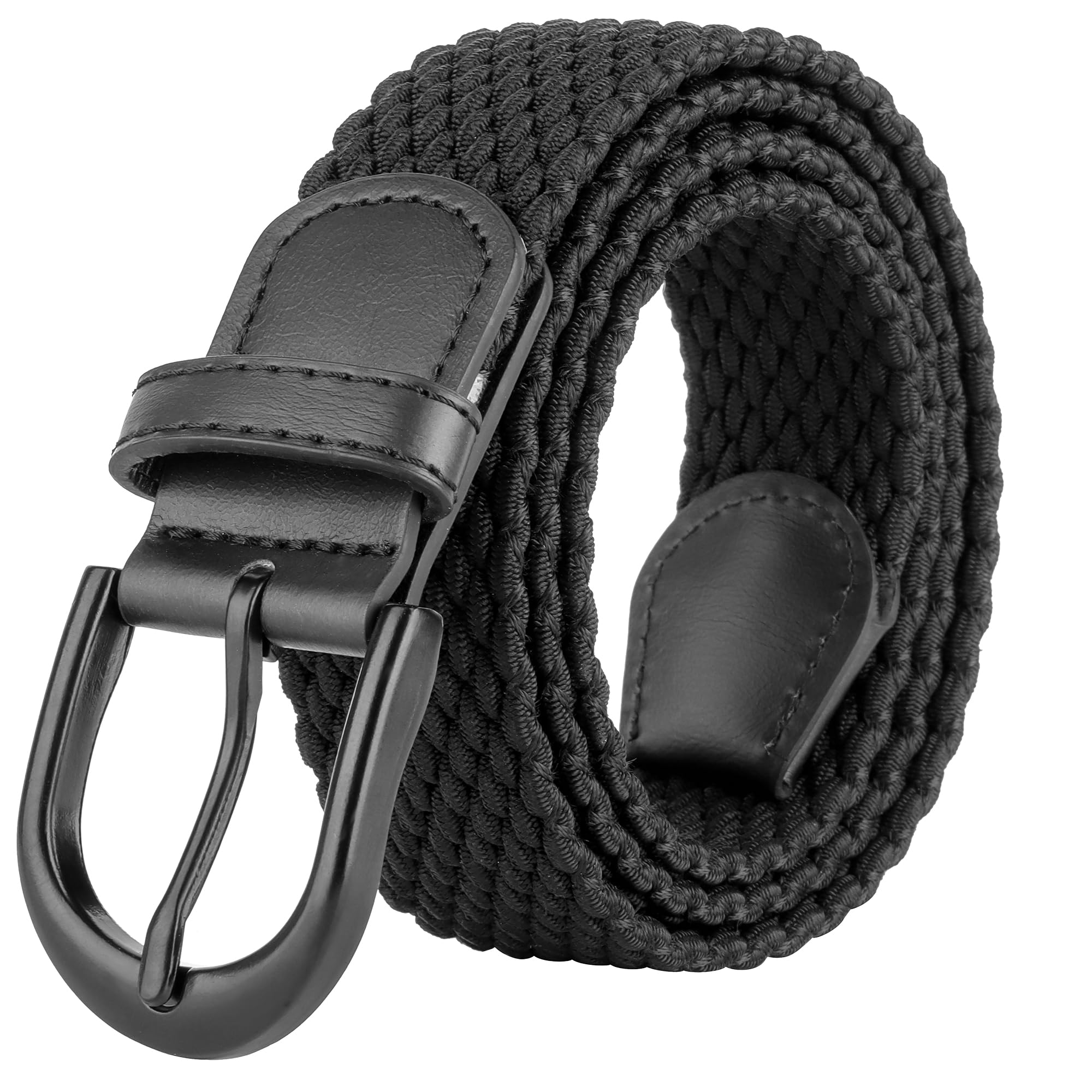 Mile High Life | Braided Stretch Elastic Belts | Pin Oval Solid Black Belt Buckle | PU Loop End Tip Men/Women/Junior Belt