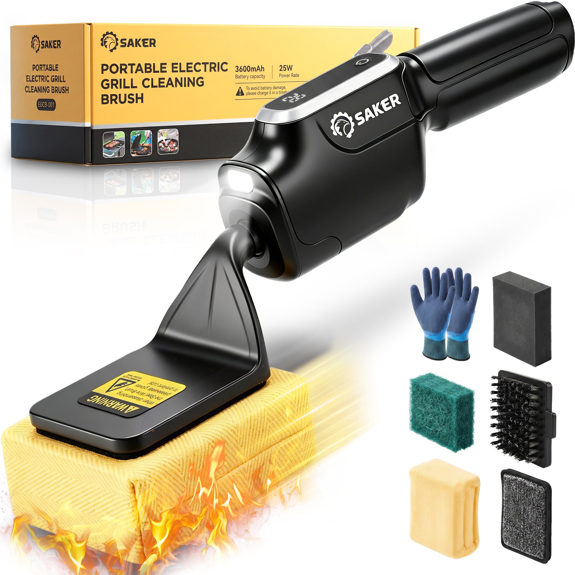 Saker Elektrische Grillbürste, Bürstenfreier BBQ-Reiniger mit Feuerbeständigem Pad, Kabelloser Grillreiniger für Holzkohle-, Pellet- und Flachgrills