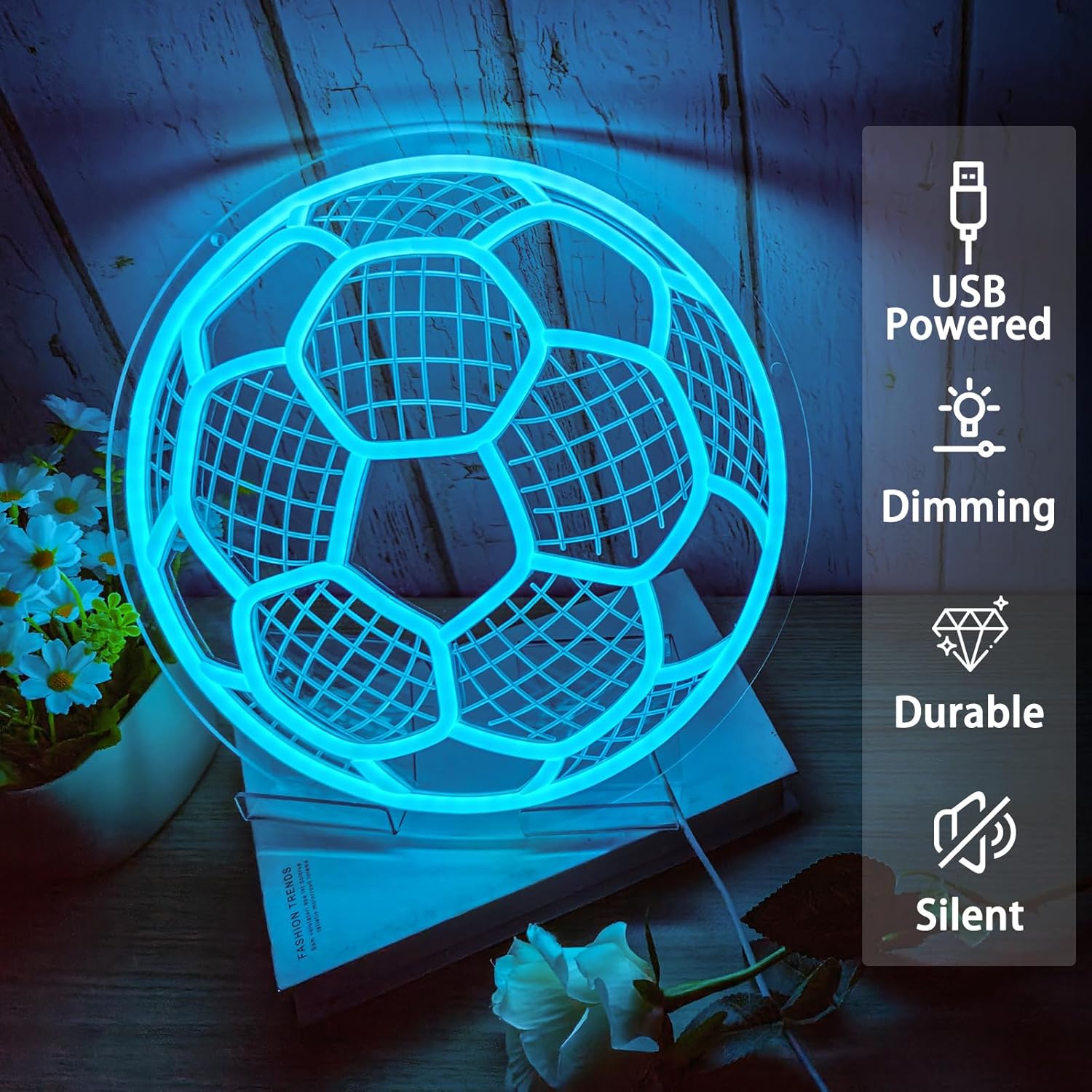 Soccer Neon Signs for Bedroom Wall Decor, 12.6" x 12.6" Ice-Blue USB Powered LED Football Neon Light with Dimmer Switch, Sports Themed Decor for Game Room Man Cave, Soccer Gifts for Girls Boys Fans Birthday Christmas Party