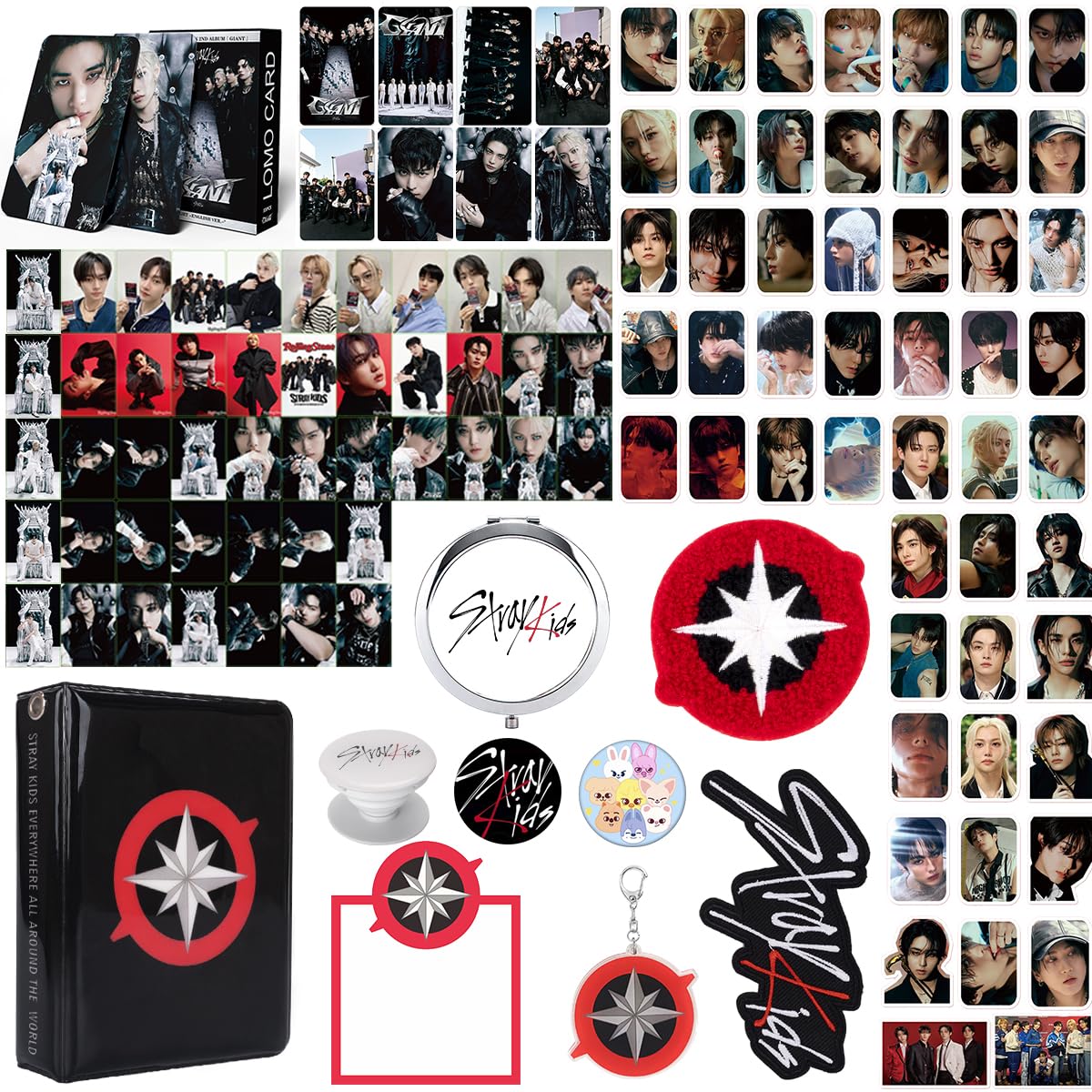 Stray Cadeaux Kit, SKZ Merch Pour Stay Avec 1 Photocard Holder, 1 Post It/50 Feuilles, 1 Miroir, 1 Porte Clef, 1support Telephone, 2 Pins, 2 Patch Thermocollant, 55 Photocards, 95 Autocollant
