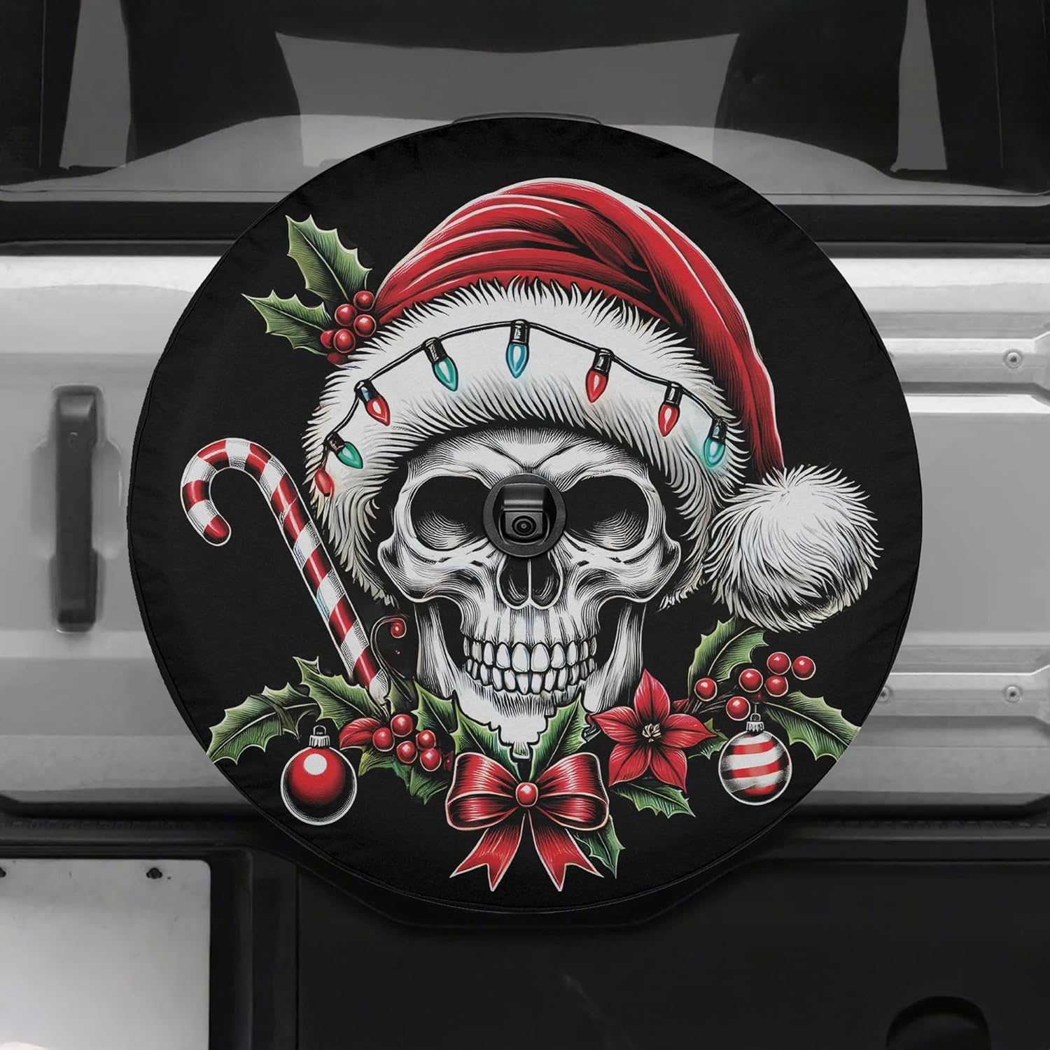 VanLich Shop Christmas with Santa Hat and Skull Spare Tire Cover with/Without Backup Camera Hole – Christmas Theme Tire Cover