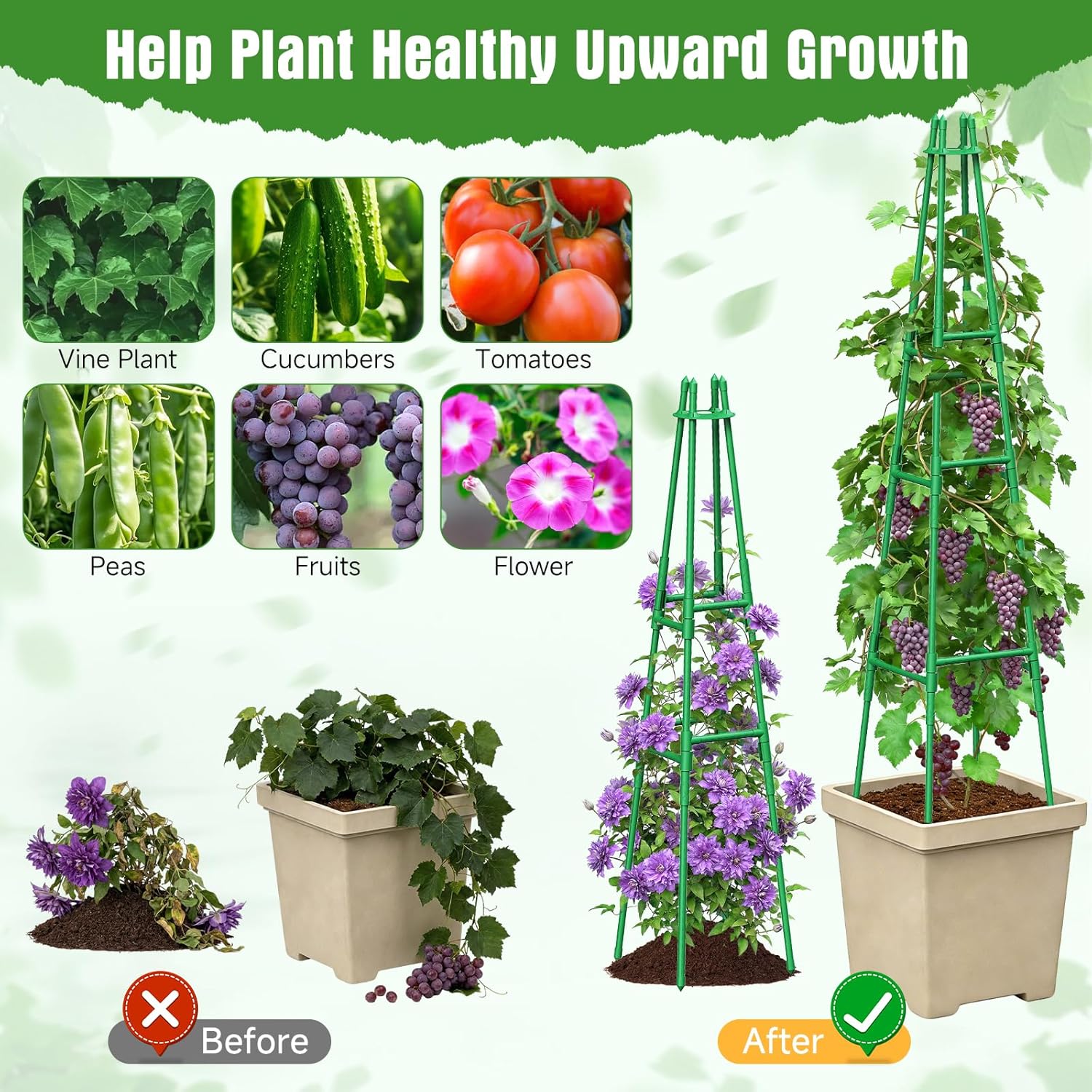 4 Pack 64" Tall Adjustable Obelisk Garden Trellis for Climbing Plants, Rust-Proof Pe Coated Metal Plant Trellis Support for Raised Beds, Potted Vines, Cucumbers, Tomatoes, Indoor Outdoor Use (4 Pack)