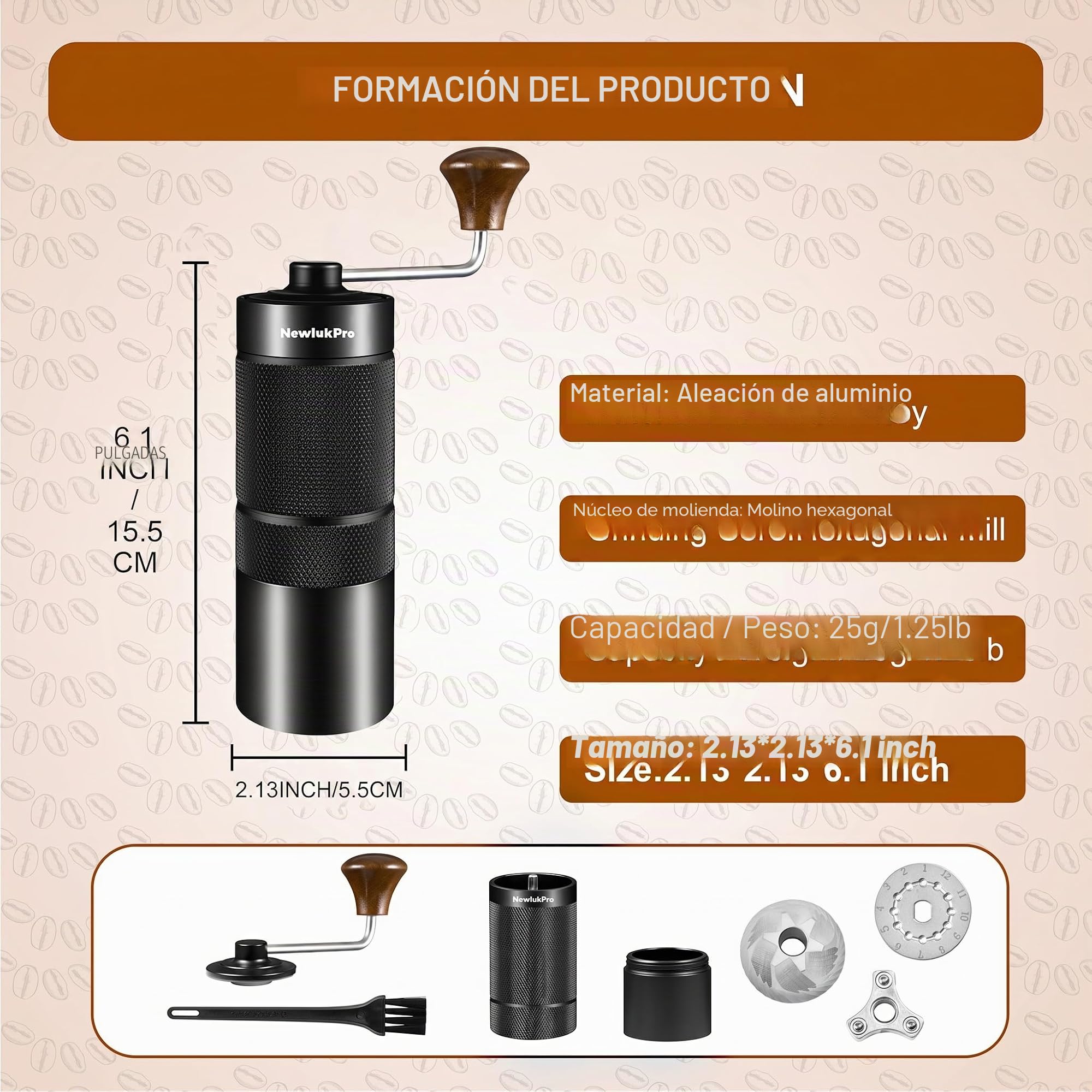 Molino Manual de Café Newlukpro M6 - Capacidad 25g, Núcleo de Molienda Hexagonal Afilado, Portátil para Café Concentrado