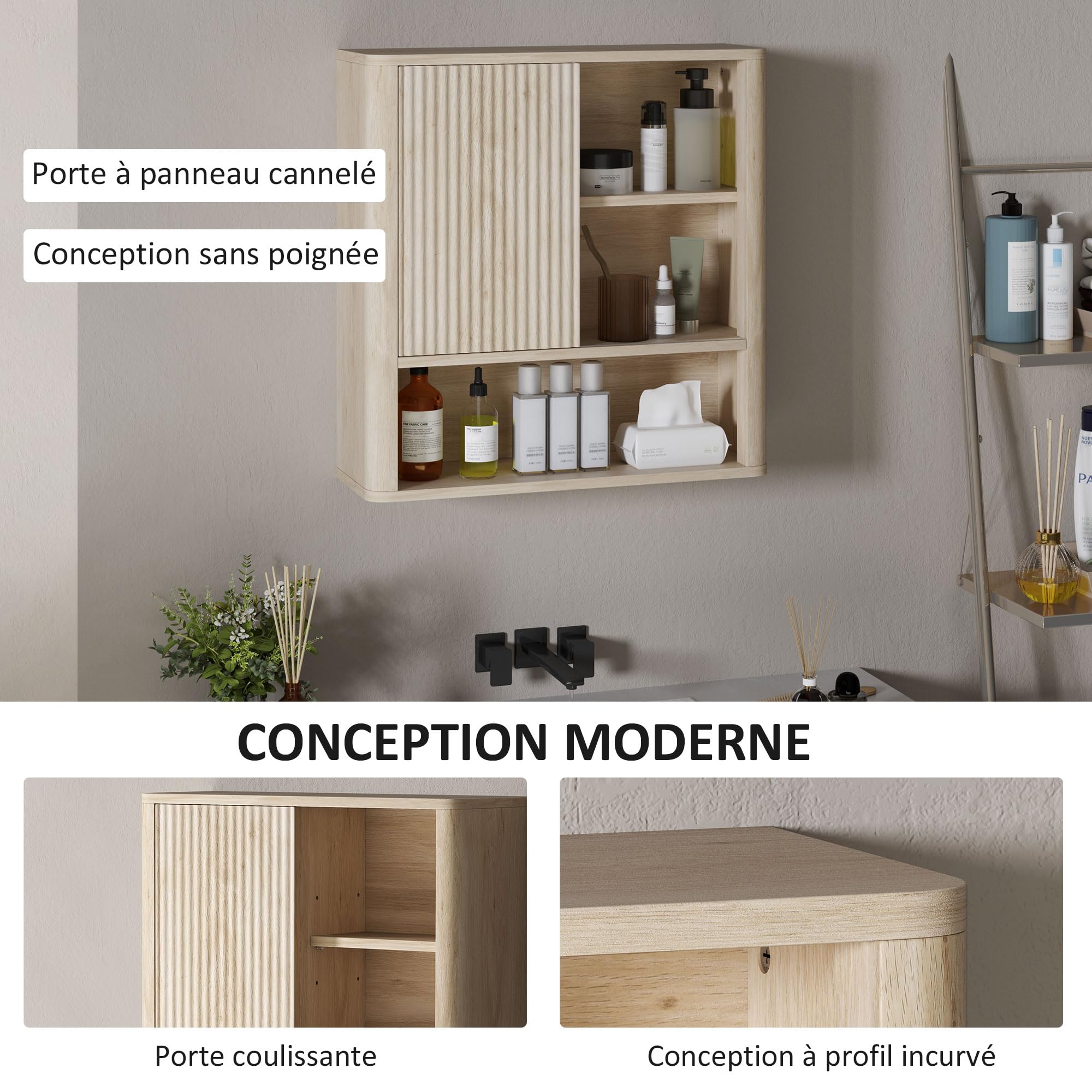HOMCOM Armoire Murale Armoire Suspendu 60 x 20 x 62 cm Bois Naturel | Meuble Haut Salle de Bain, Porte Coulissante, Étagères Ouvertes, Étagères Réglables