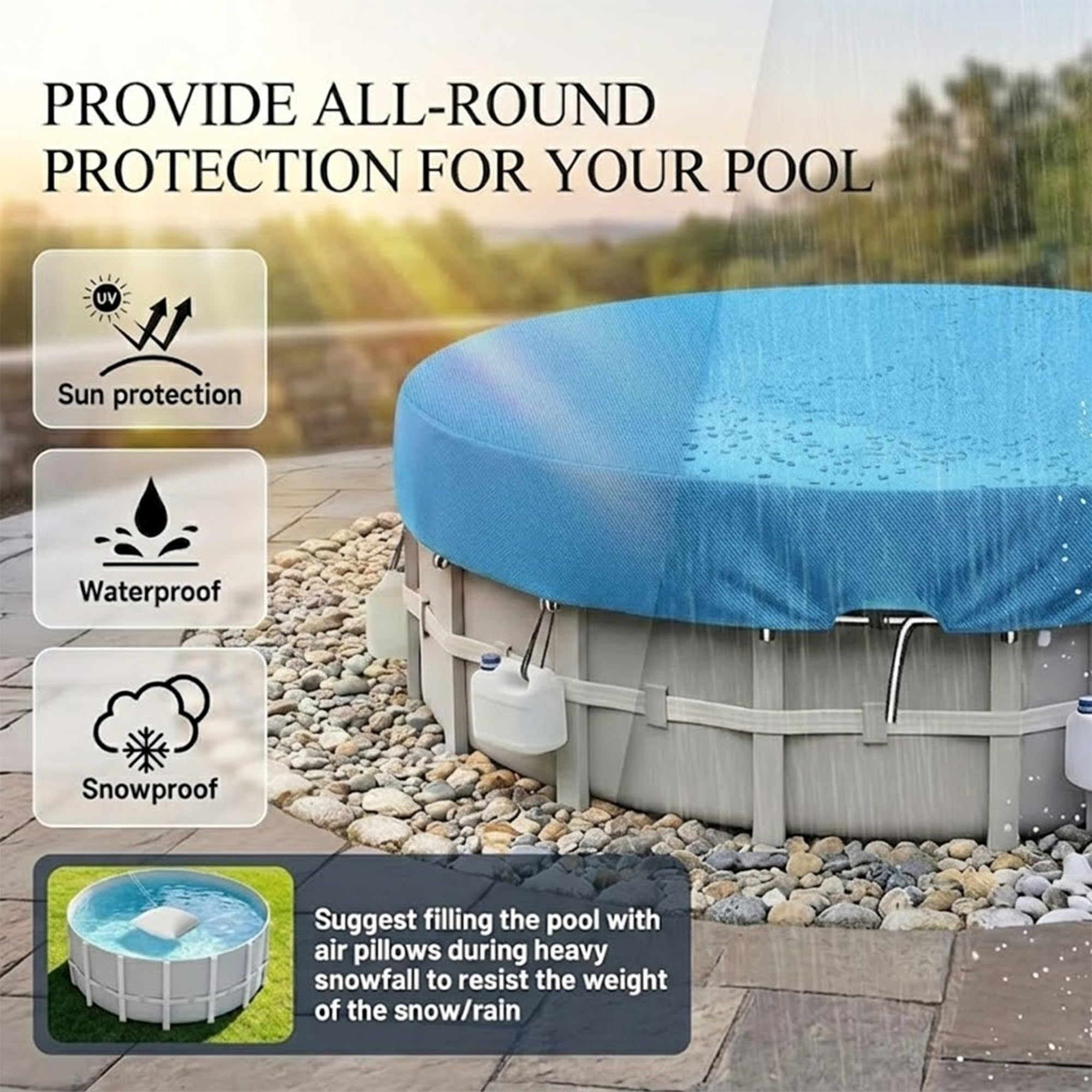 Copertura per Piscina Rotonda Tessuto, Resistente ai Raggi UV Impermeabile Antipolvere, Copertina Protettiva per Piscina Fuori Terra Resistente al Freddo e agli(Blue,D 366 x H 20 cm)