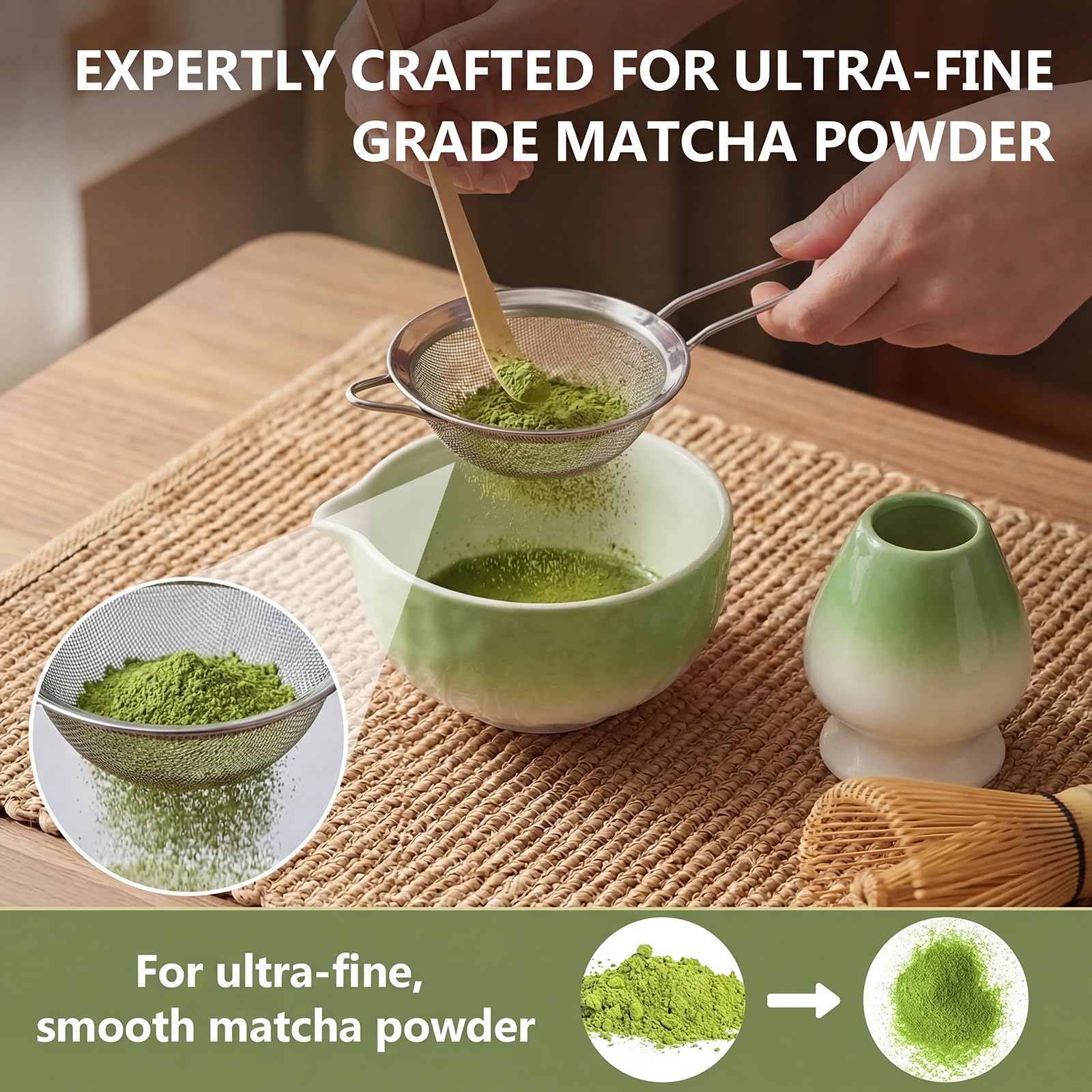 Matcha Kit 8 piezas, Kit Té Matcha Completo Con Cuenco Matcha, Batidor Matcha, Soporte para Batidor, Cuchara, Tamiz, Paño, Kit de Té Matcha Artesanal para Amantes el Matcha, Verde