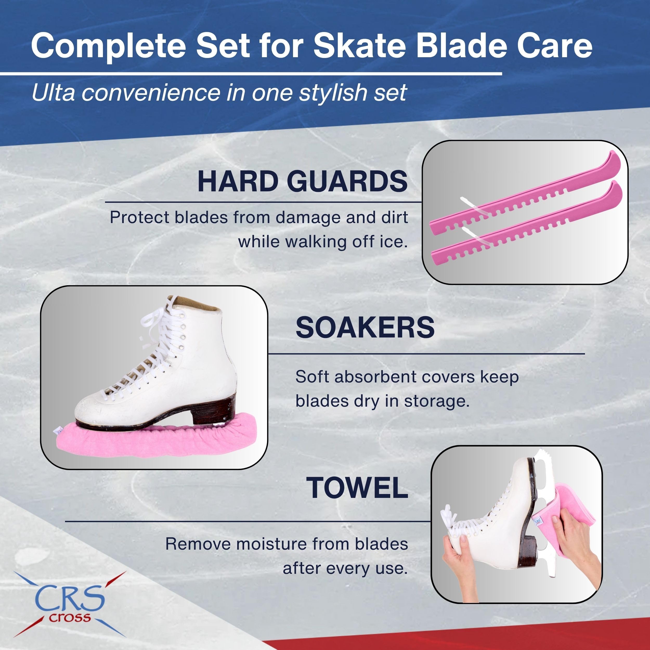 CRS Cross Juego de protectores de patinaje sobre hielo, remojo y toalla, diseño de una pieza con cubiertas suaves de hoja de patinaje y toalla (par de protectores ajustables, no requiere montaje)