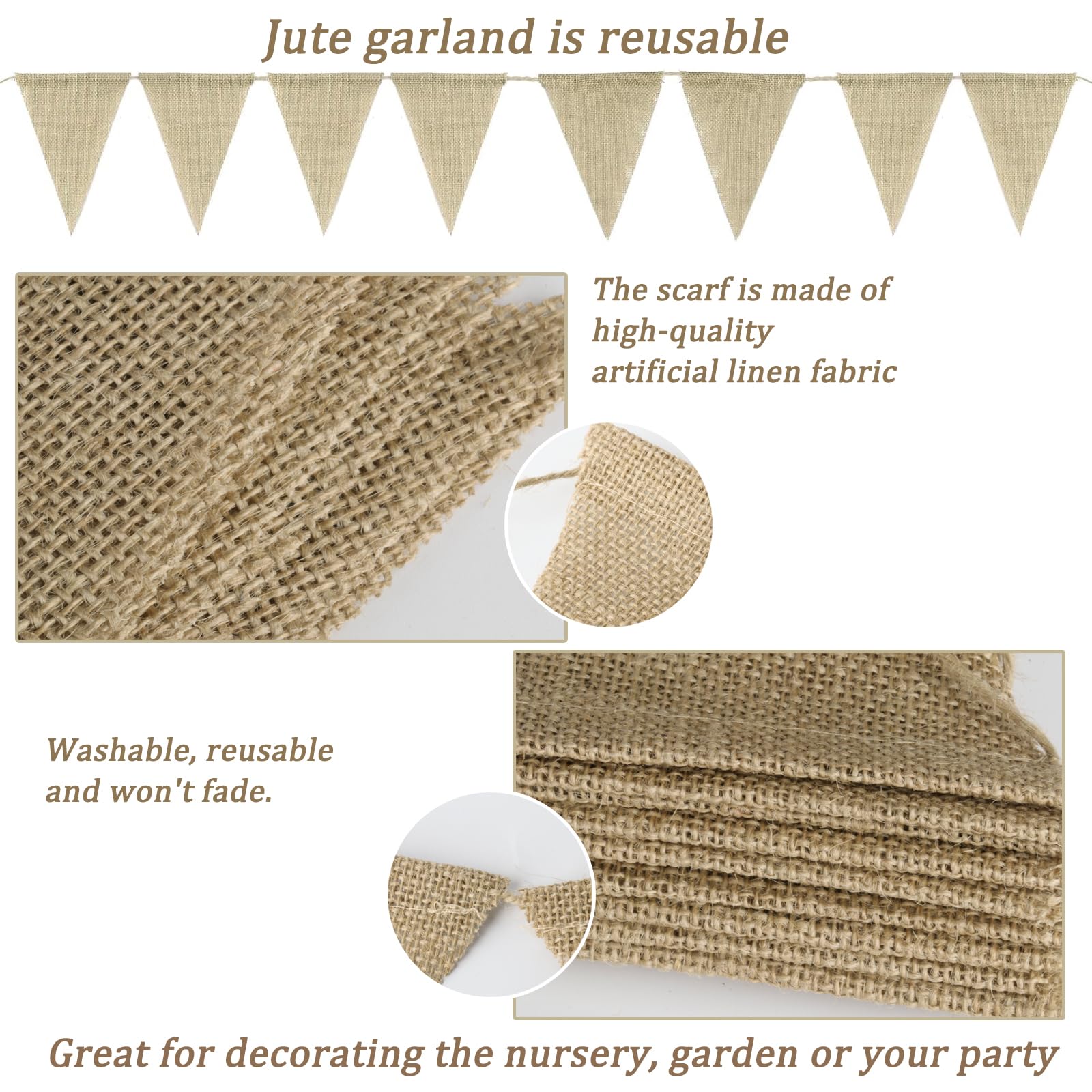 G2PLUS 12M Paarse vlaggetjesslinger 3 stuks jute - 36 vintage linnen imitatie slinger voor kinderkamer, tuin, feest