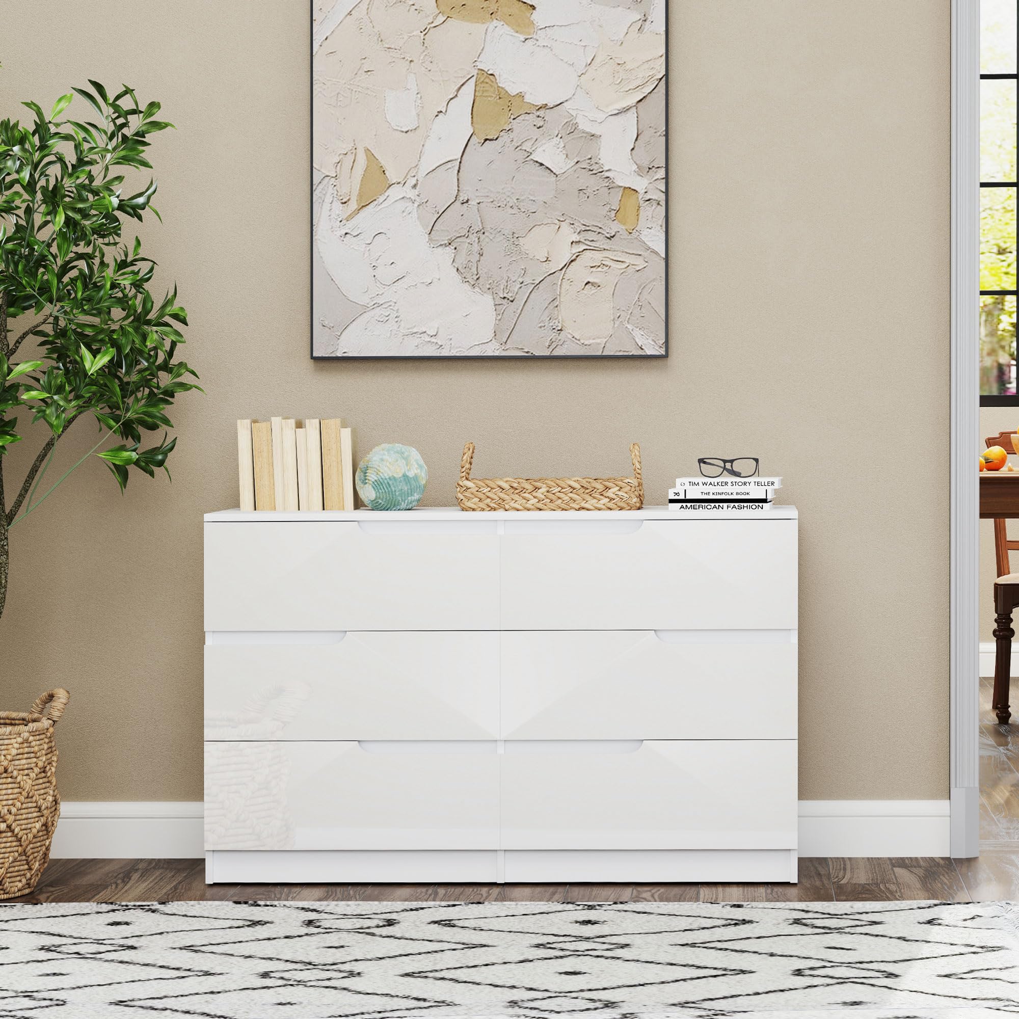 HOMCOM Cómoda con 6 Cajones Cómoda Dormitorio Moderno 120x40x75cm Blanco | con Anti-vuelco, Cajonera, para Salón Pasillo