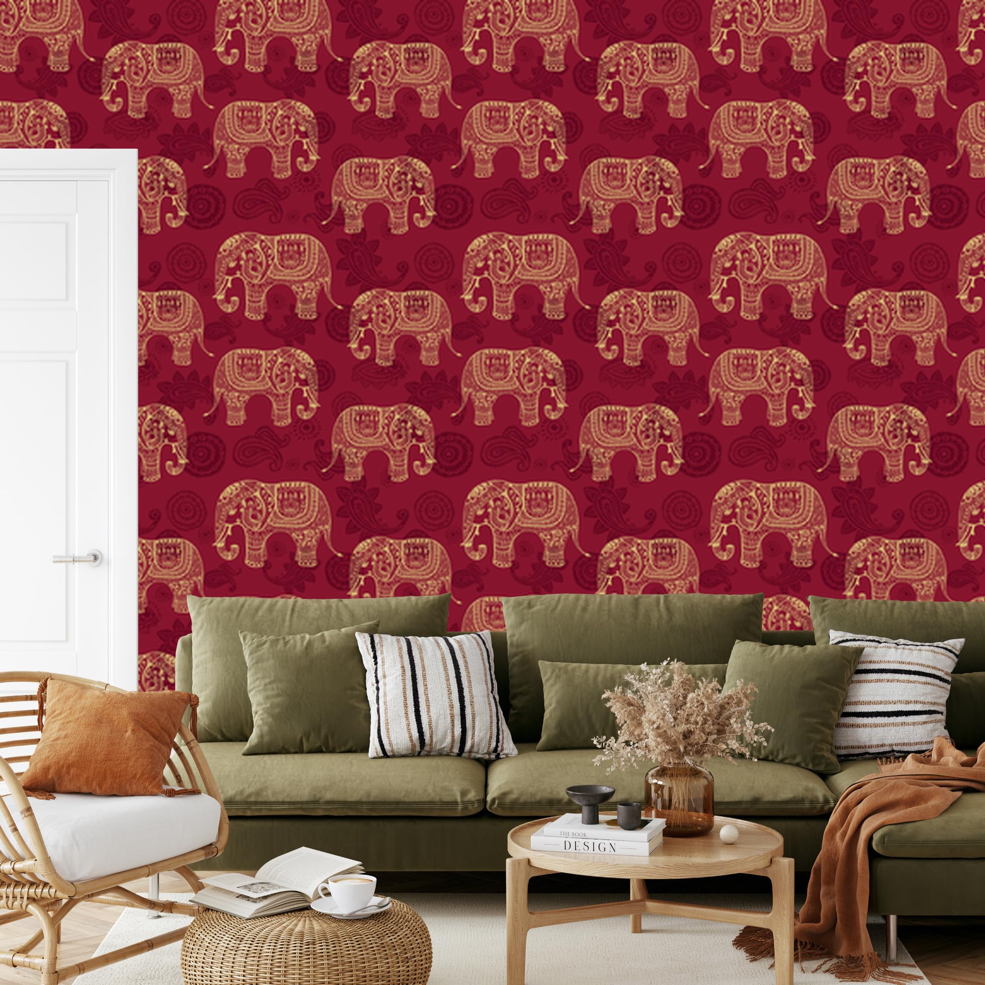 Vliestapete Elefanten im orientalischen Stil 50 x 1000 cm | Ausdrucksstarke Faunadarstellung; Lebendige Naturkulisse; Charaktervoller Zimmerschmuck; Kleister im Set