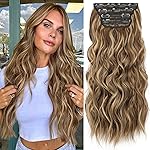 KooKaStyle Hair Extensions Medium Brown mix Caramel Blonde Clip in Synthetic Highlight Hair Extensions Long Wavy 4PCS Thick Hairpieces 20 Inch for Women
