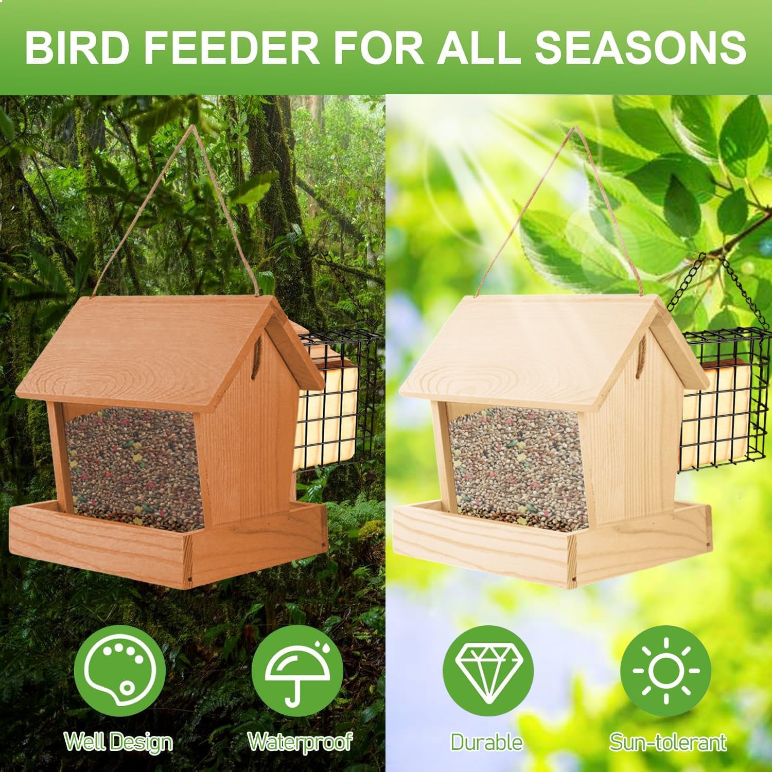 Wooden Bird Feeder with Suet Cages for Outdoors Hanging Mount Large Capacity, Red Cedar Garden Roof FeederCardinal Bluebird Birdfeeder for Garden Decoration Yard, Weatherproof Durable