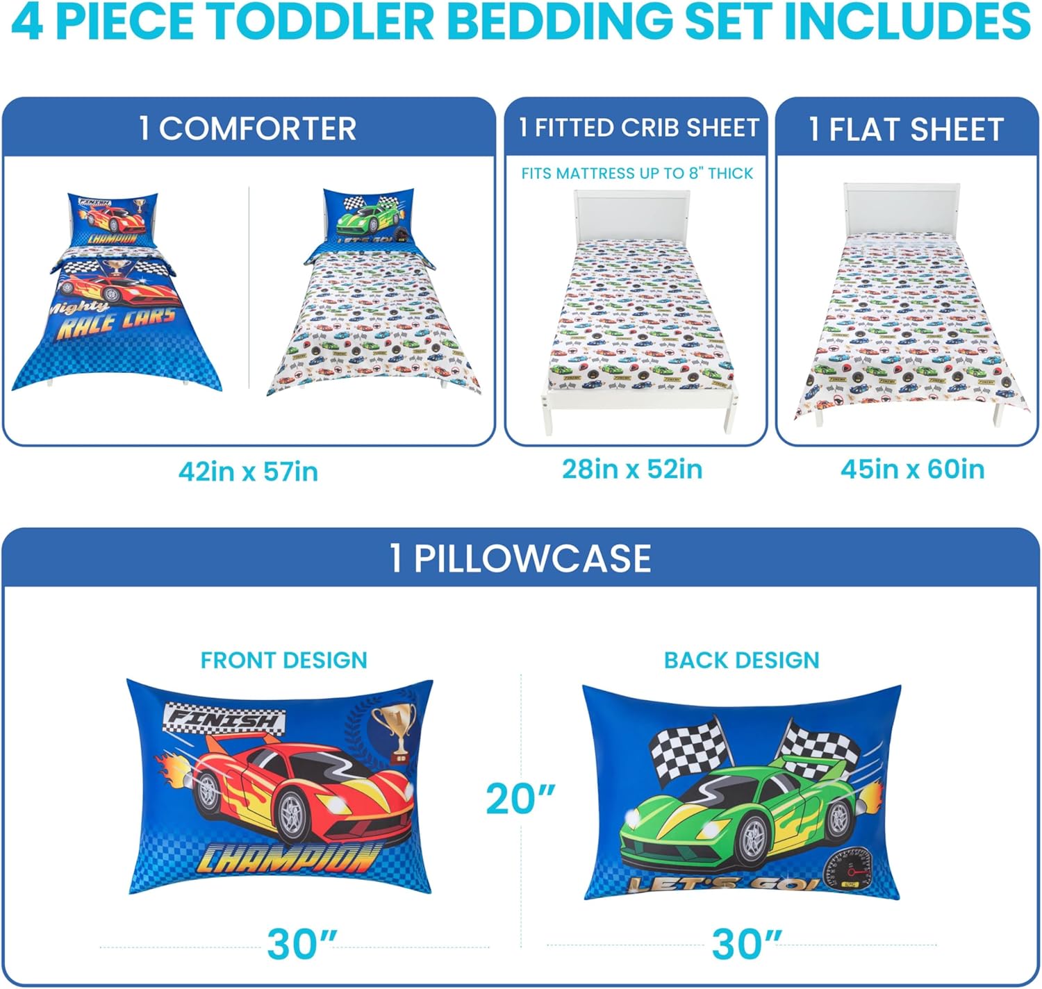 Todays Kids 4-Piece Race Cars Toddler Bedding Set for Boys - Toddler Bed Sheets and Comforter Set with Reversible Comforter & Pillowcase, Flat Sheet, Fitted Sheet, Breathable & Super Soft Microfiber