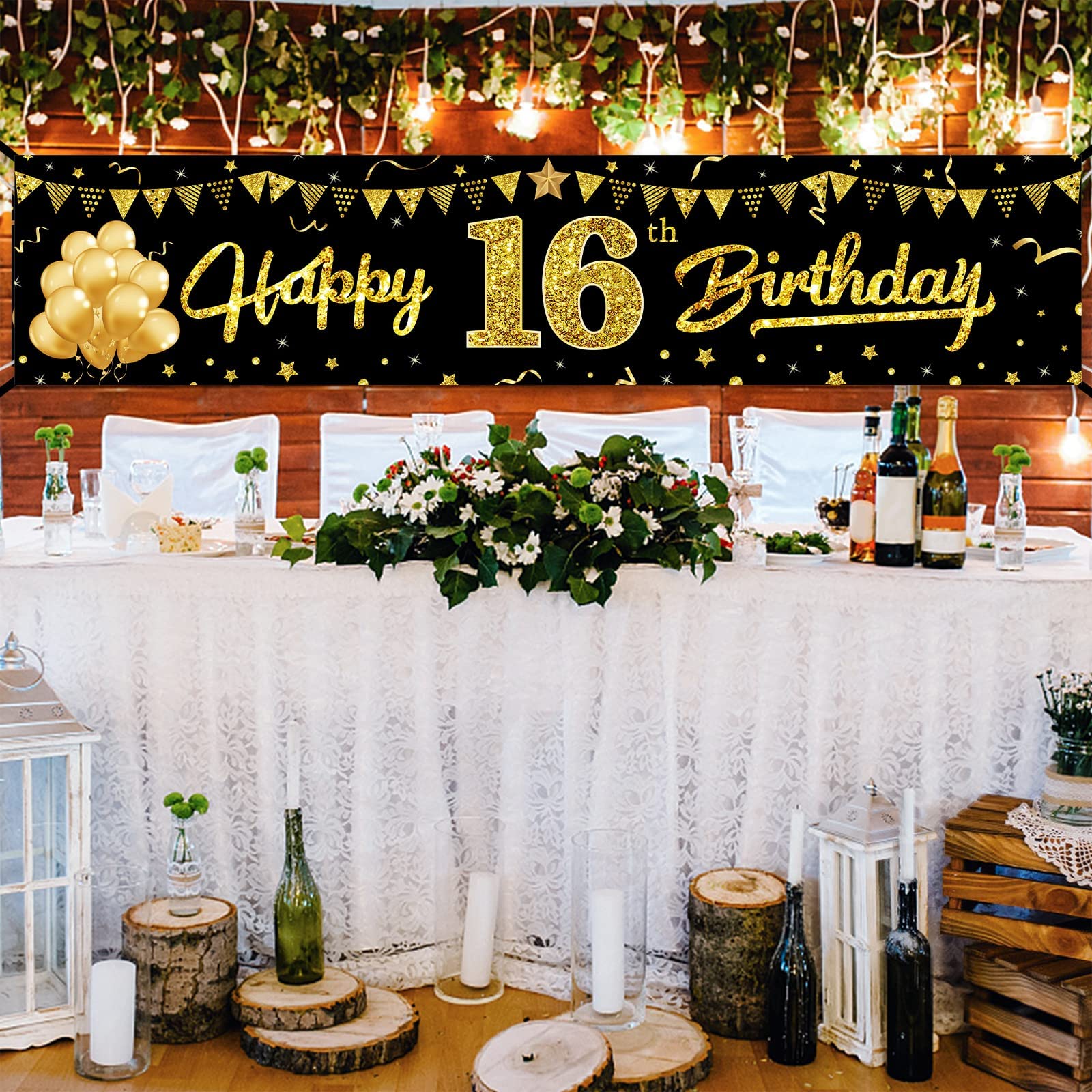 Happy 16th Birthday Dekoration: Schwarz-goldenes Banner, 90x180 Cm – Perfekt Für Sweet-16-Partys