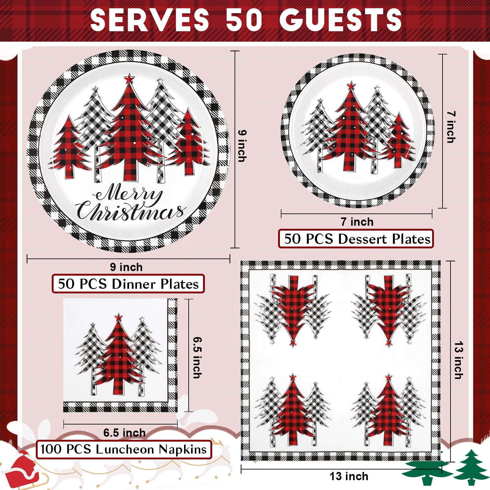 Homlouue Juego de 200 platos y servilletas de papel de Feliz Navidad, platos y servilletas desechables de árbol de Navidad, juego de vajilla desechable de Navidad, decoración de fiesta de Navidad,