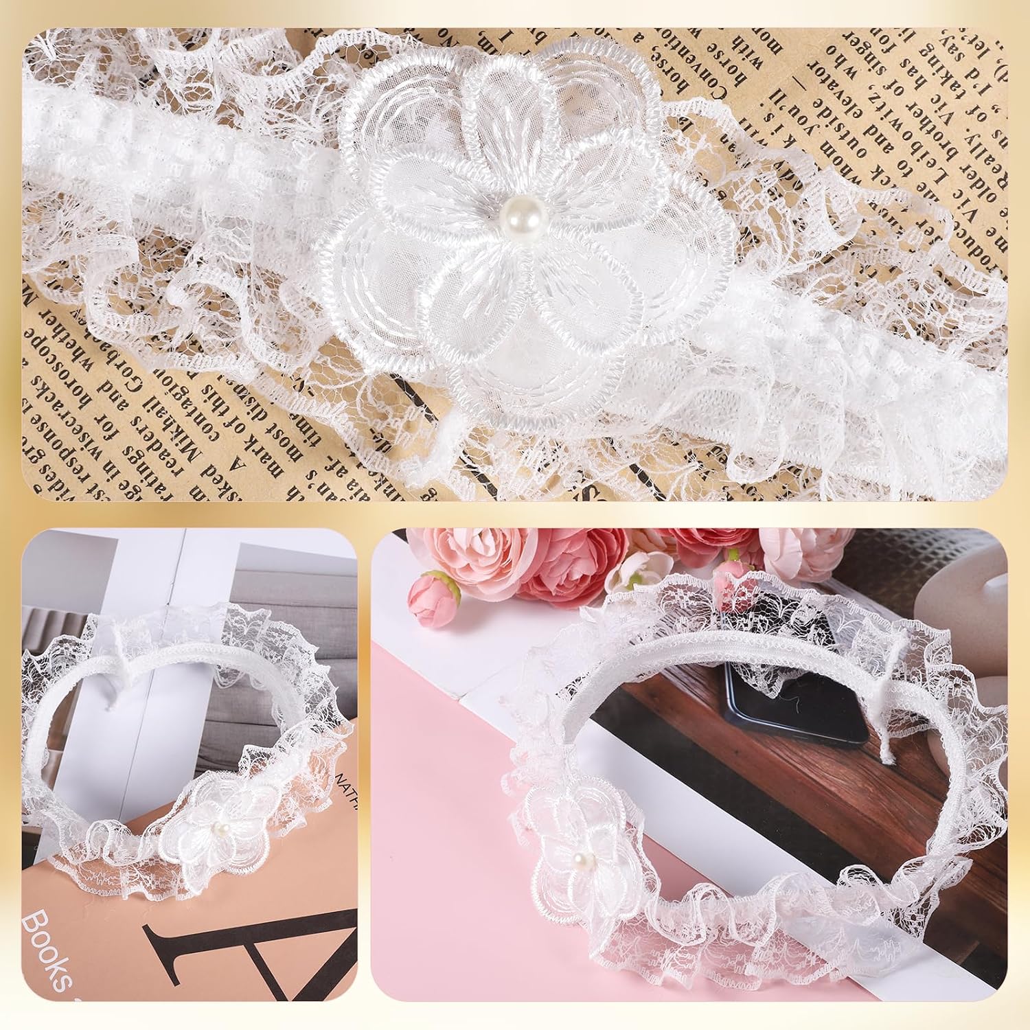 White Lace Floral Leg Garters, Adjustable Lace Thigh Garter Vintage Wedding Garter Bowknot Elasticity Thigh Leg Ring Handmade Stretch Toss Wedding Party Porm Body Accessories for Women Girls