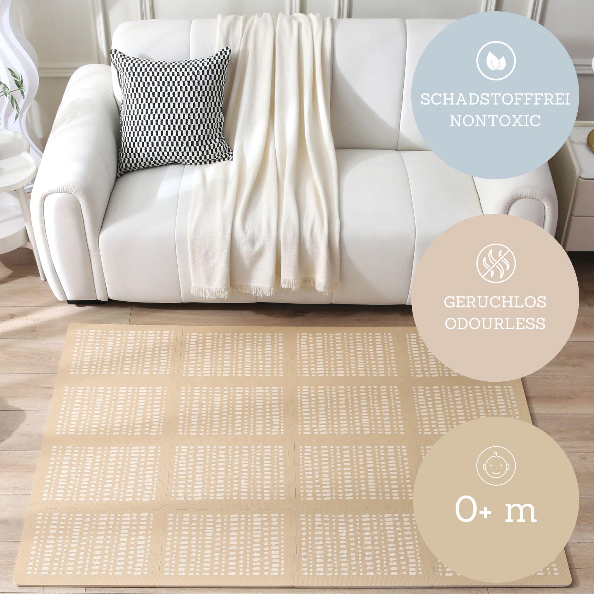 Elegancki dywan do puzzli dla niemowląt 1,7 x 1,2 m Hygge Sand - 16 płytek XL z krawędziami, gruby i miękki, bez szkodliwych substancji, bezwonny, łatwy w pielęgnacji, opakowanie bez plastiku.